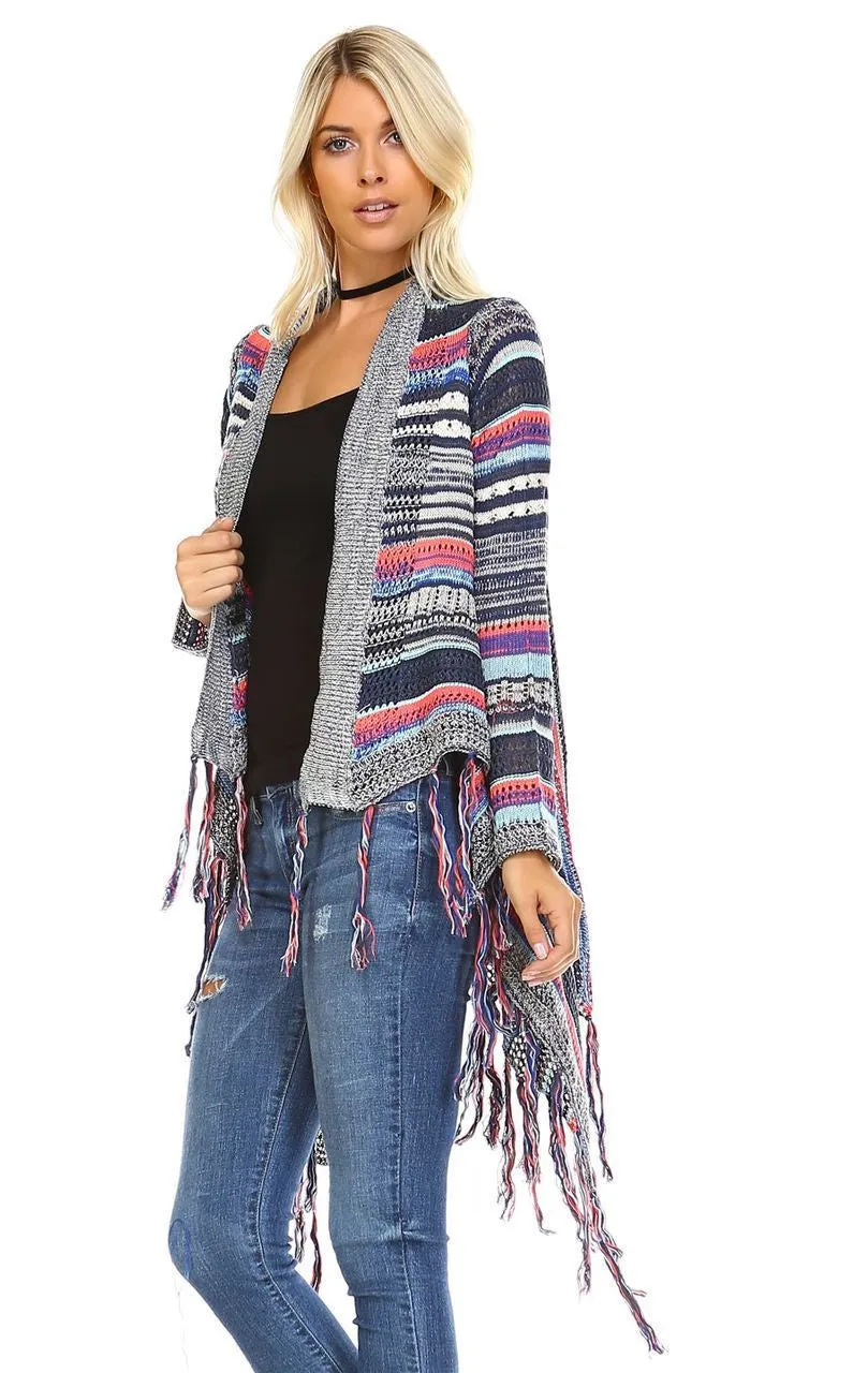 Open Front Oversized Fringe Cardigan with Multiple Stripe Gray Navy