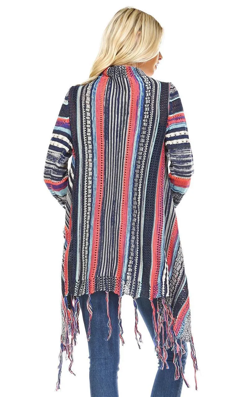 Open Front Oversized Fringe Cardigan with Multiple Stripe Gray Navy