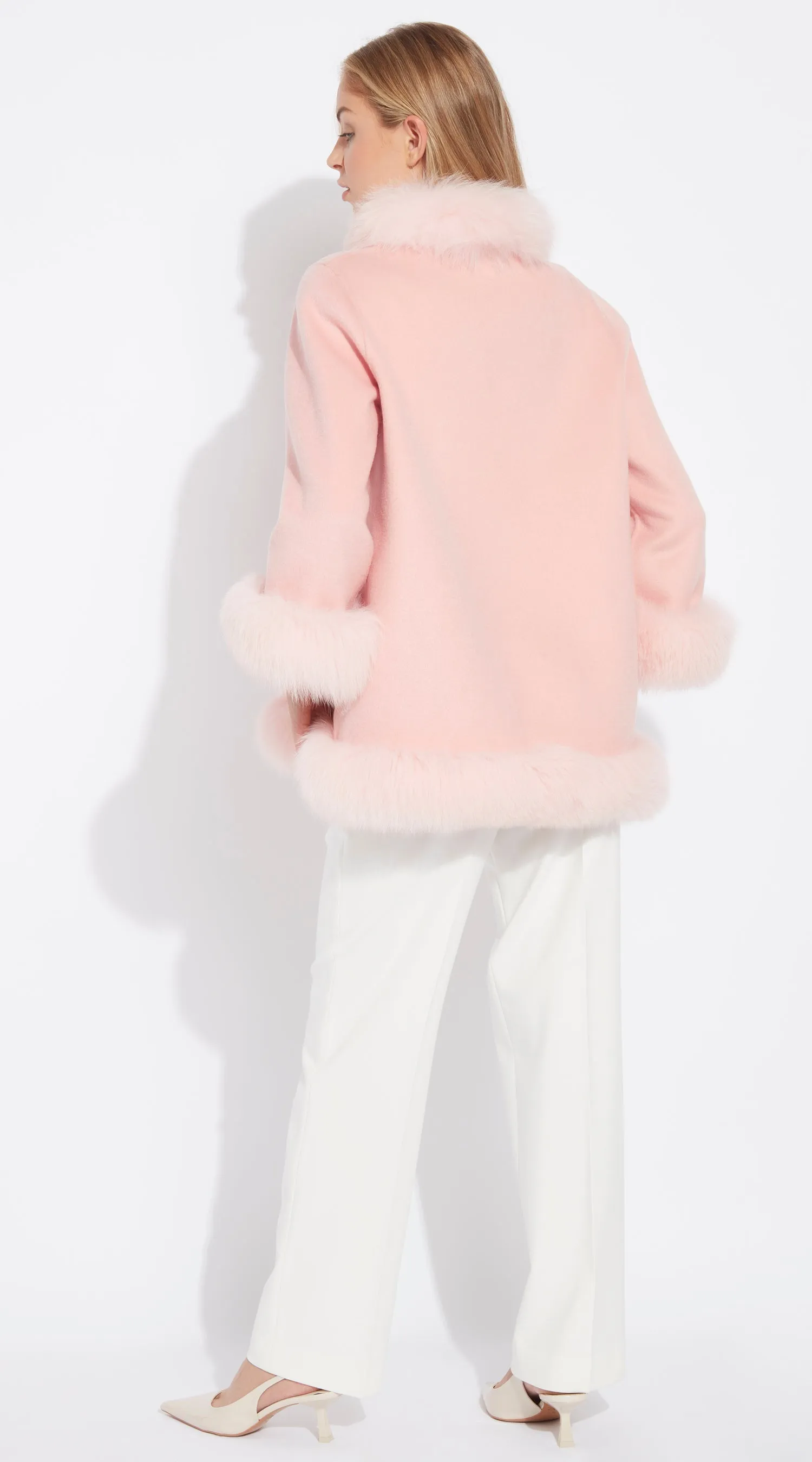 OUTLET Luxy Cashmere & Fox Fur Wrap Coat - Pink