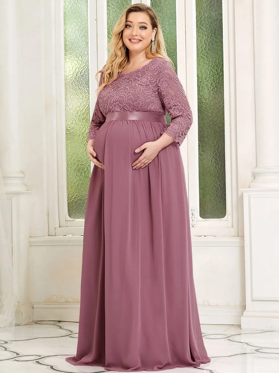 Plus Size Sweetheart 3/4 Sleeve Floor-Length Lace Maternity Dress