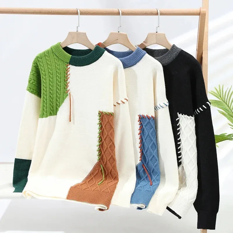 Pre Order:  Color Block Round Neck Casual Knitted Sweater