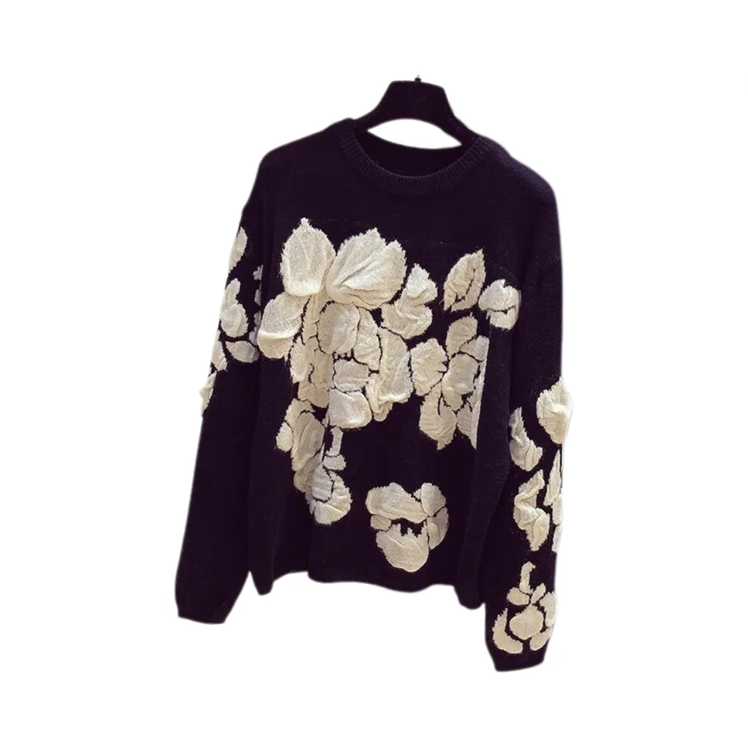 Pre Order: Embroidery Flower Round Neck Knitted Sweater