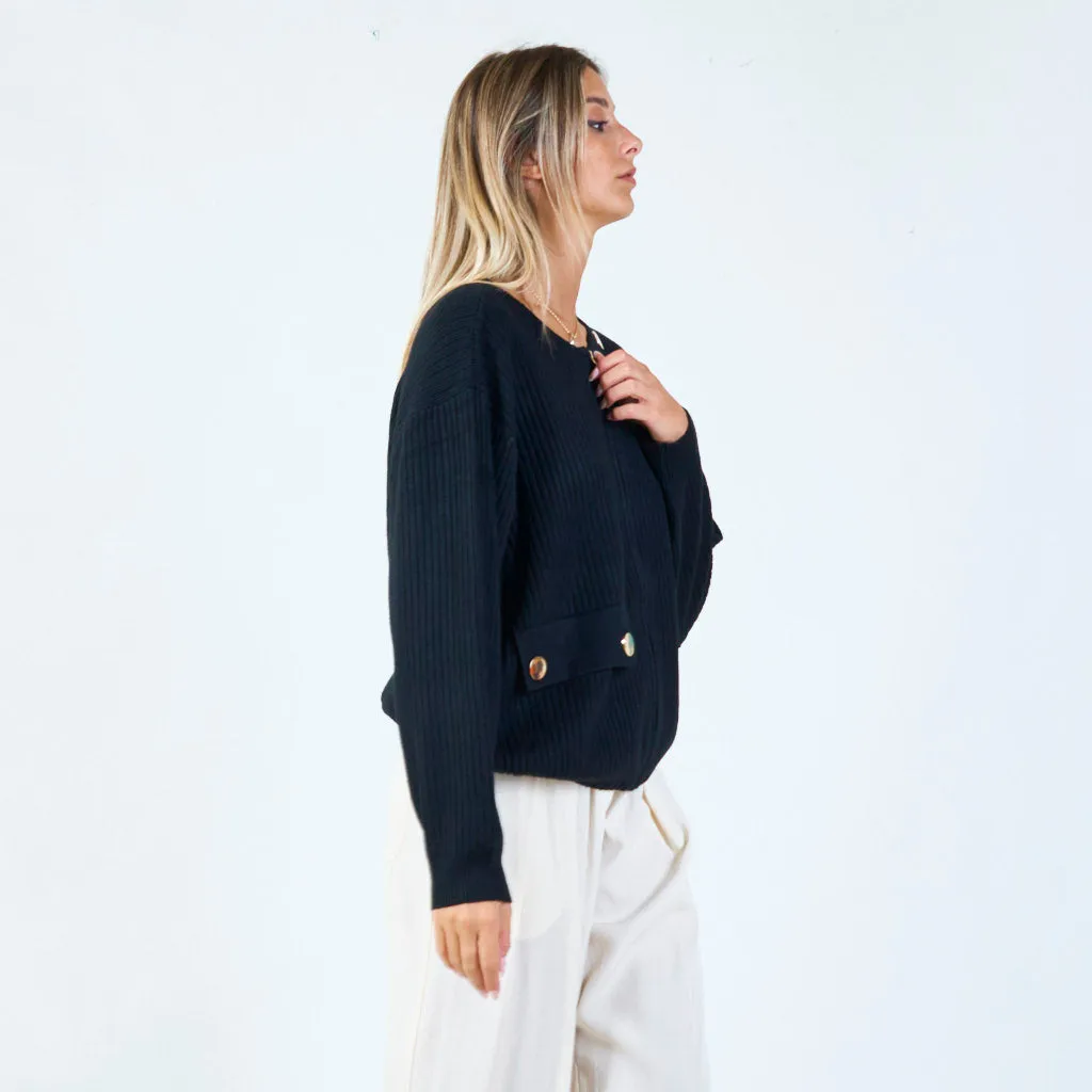 Ribbed zip-up sweater with button details wholesale