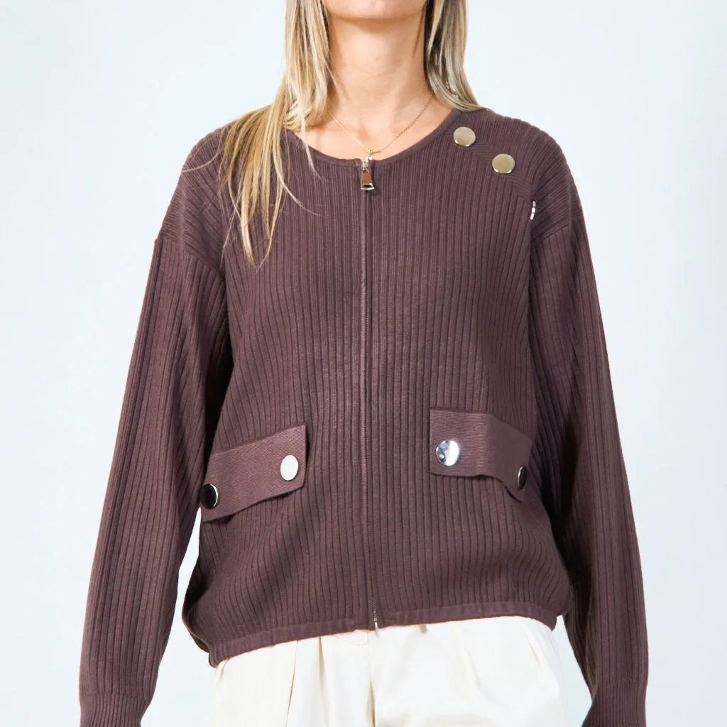 Ribbed zip-up sweater with button details wholesale