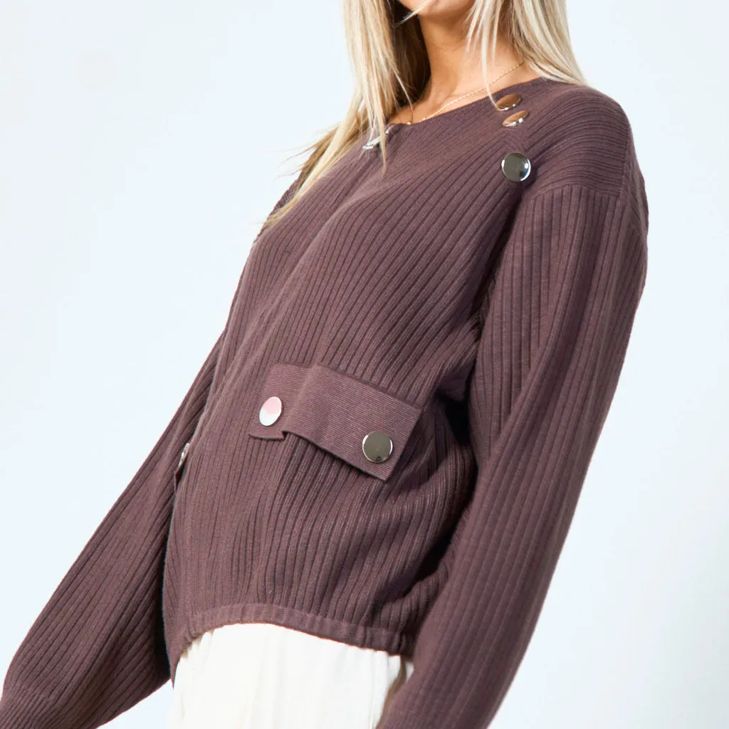 Ribbed zip-up sweater with button details wholesale