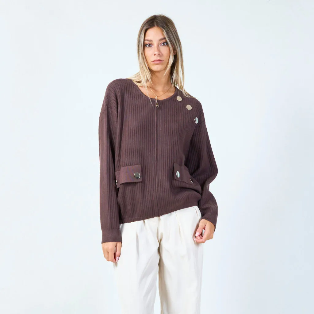 Ribbed zip-up sweater with button details wholesale