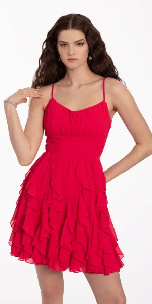 Ruched Bodice Chiffon Corkscrew Ruffle Dress