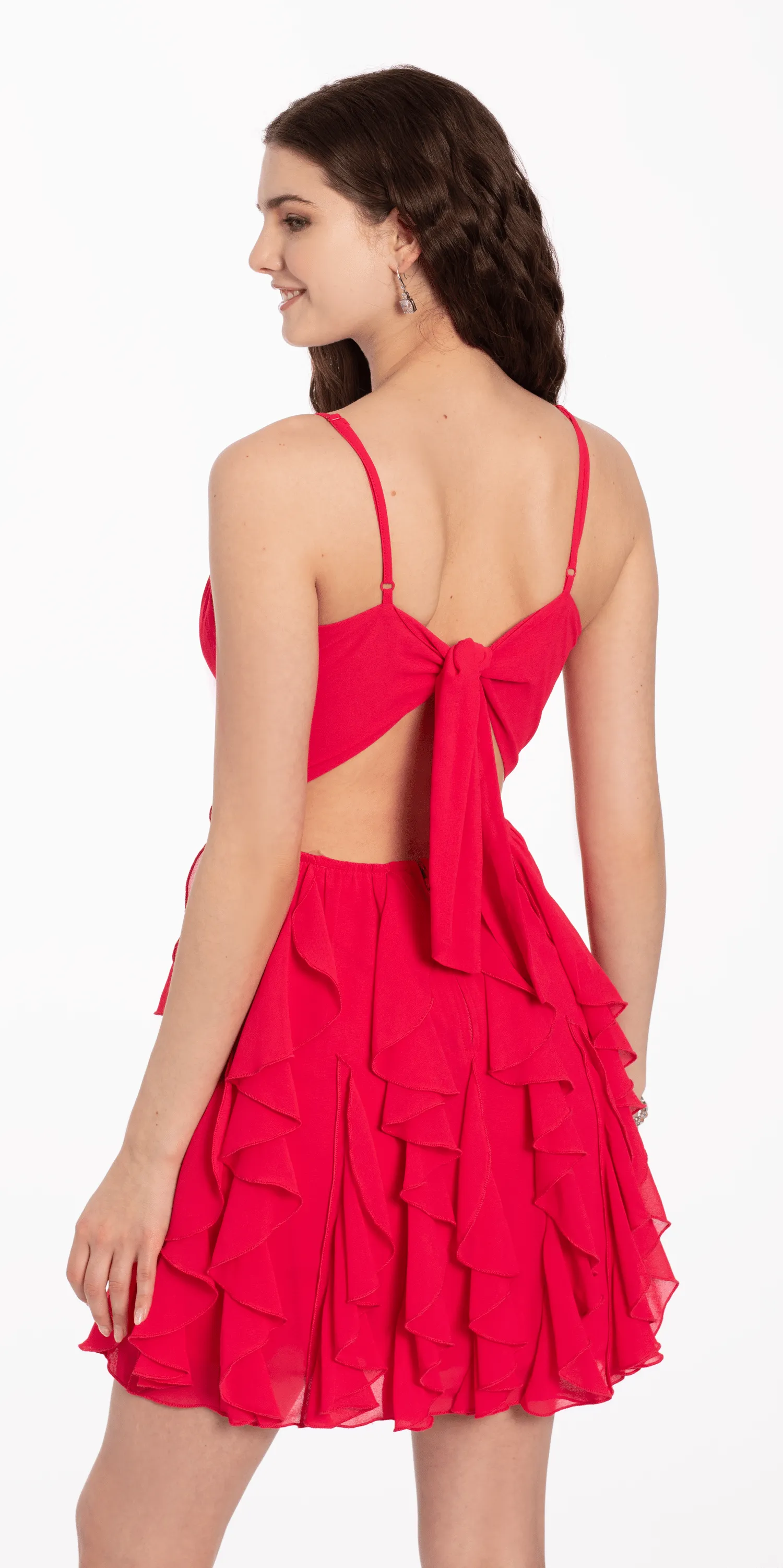 Ruched Bodice Chiffon Corkscrew Ruffle Dress