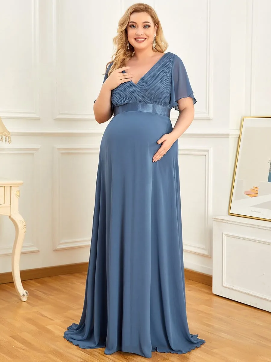 Ruched Bodice Flowy Chiffon Floor-Length Maternity Dress with Sleeves