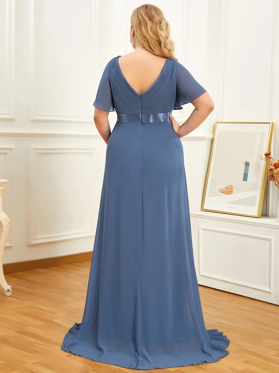 Ruched Bodice Flowy Chiffon Floor-Length Maternity Dress with Sleeves