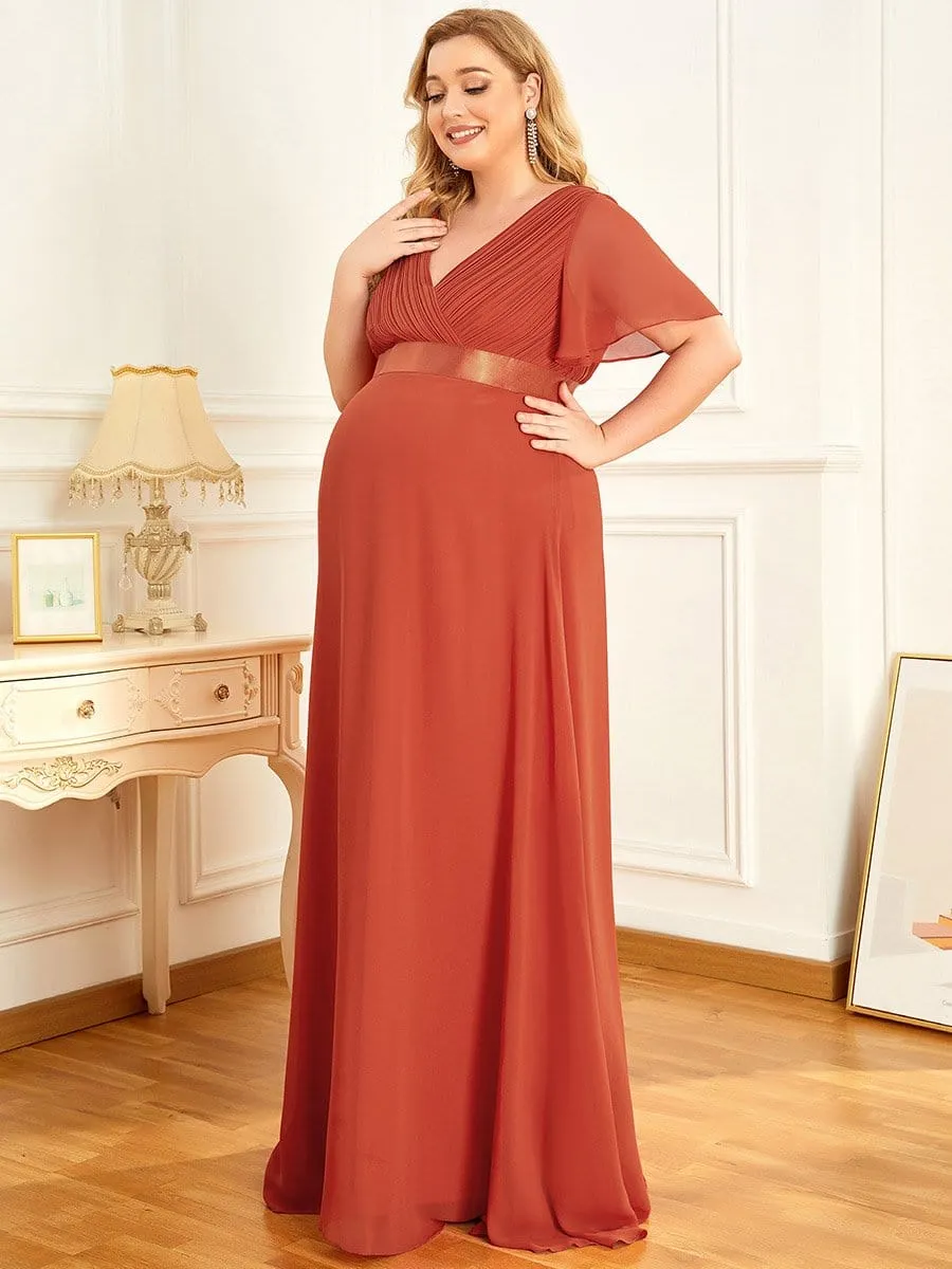 Ruched Bodice Flowy Chiffon Floor-Length Maternity Dress with Sleeves