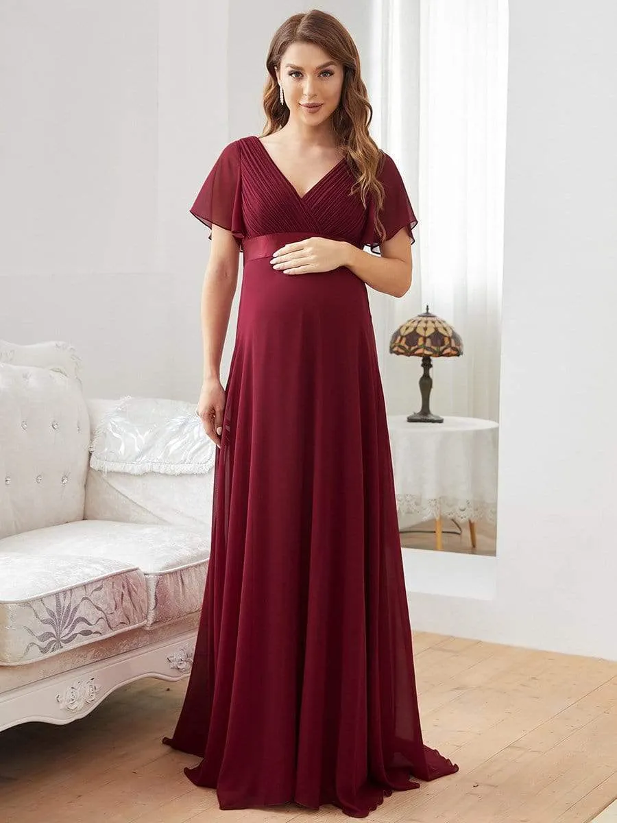 Ruched Bodice Flowy Chiffon Floor-Length Maternity Dress with Sleeves