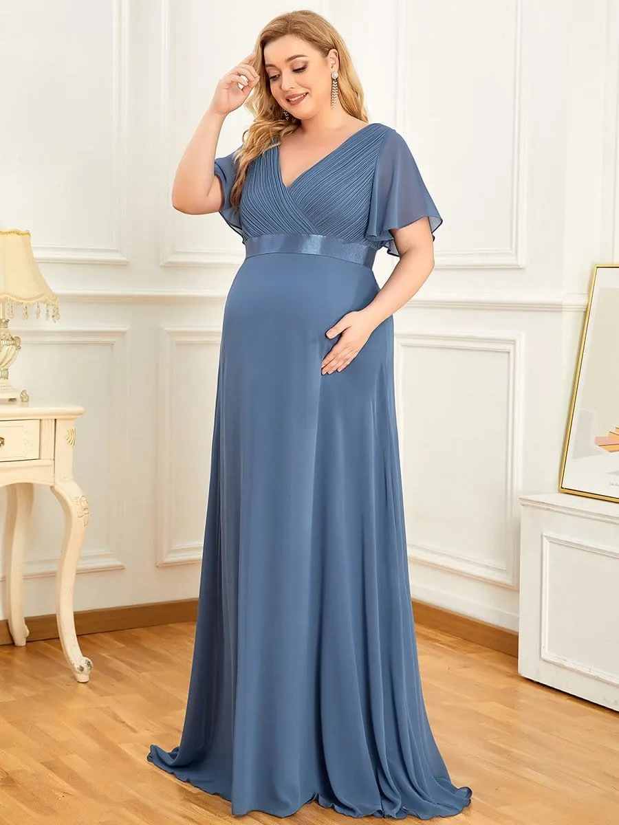 Ruched Bodice Flowy Chiffon Floor-Length Maternity Dress with Sleeves