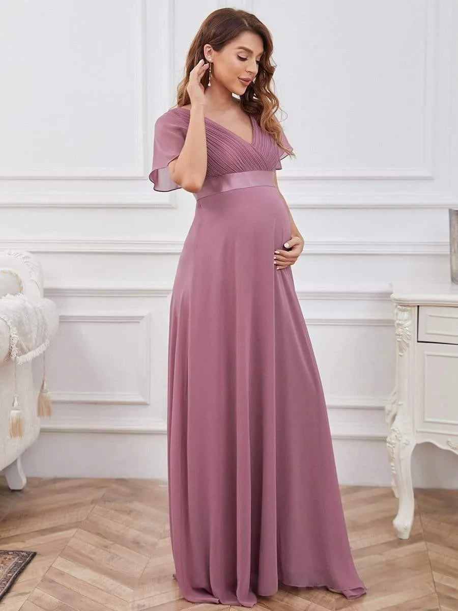 Ruched Bodice Flowy Chiffon Floor-Length Maternity Dress with Sleeves