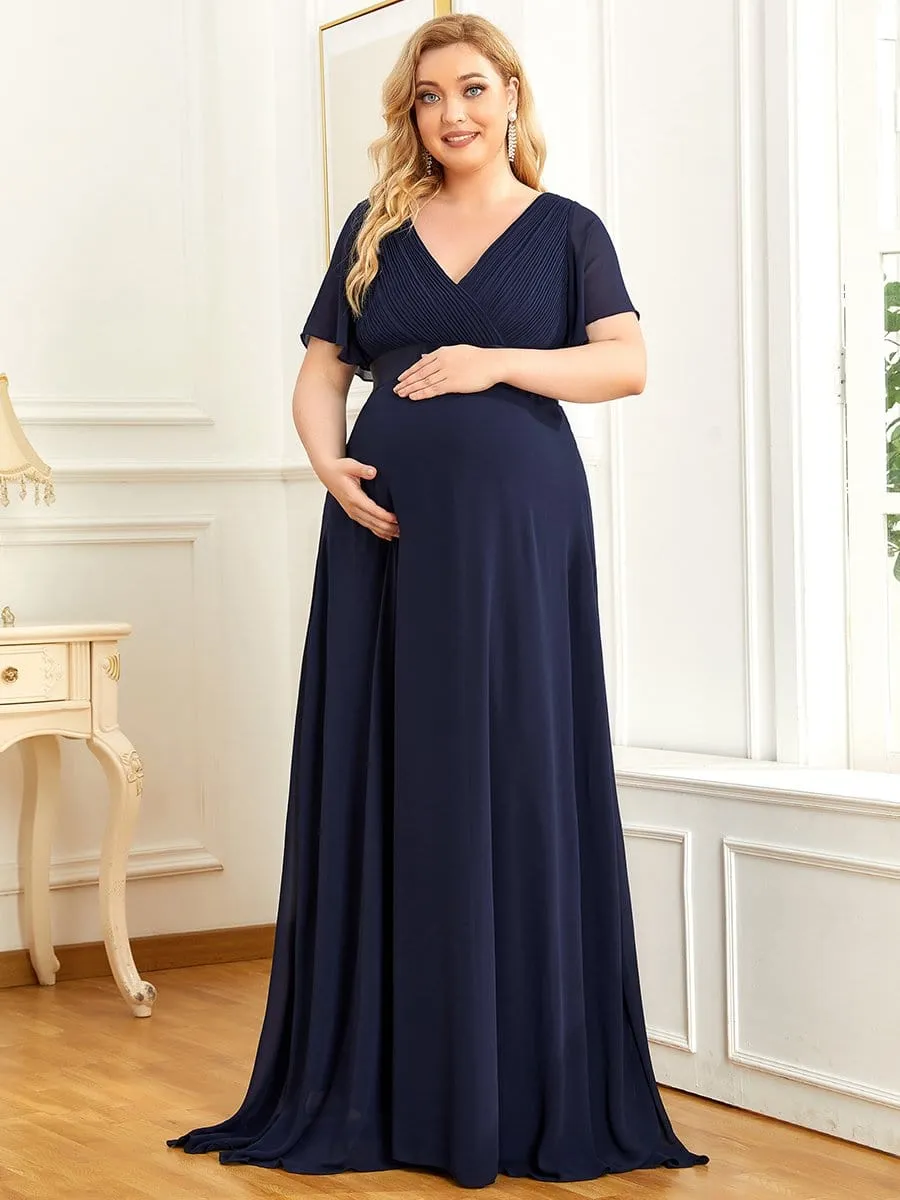 Ruched Bodice Flowy Chiffon Floor-Length Maternity Dress with Sleeves