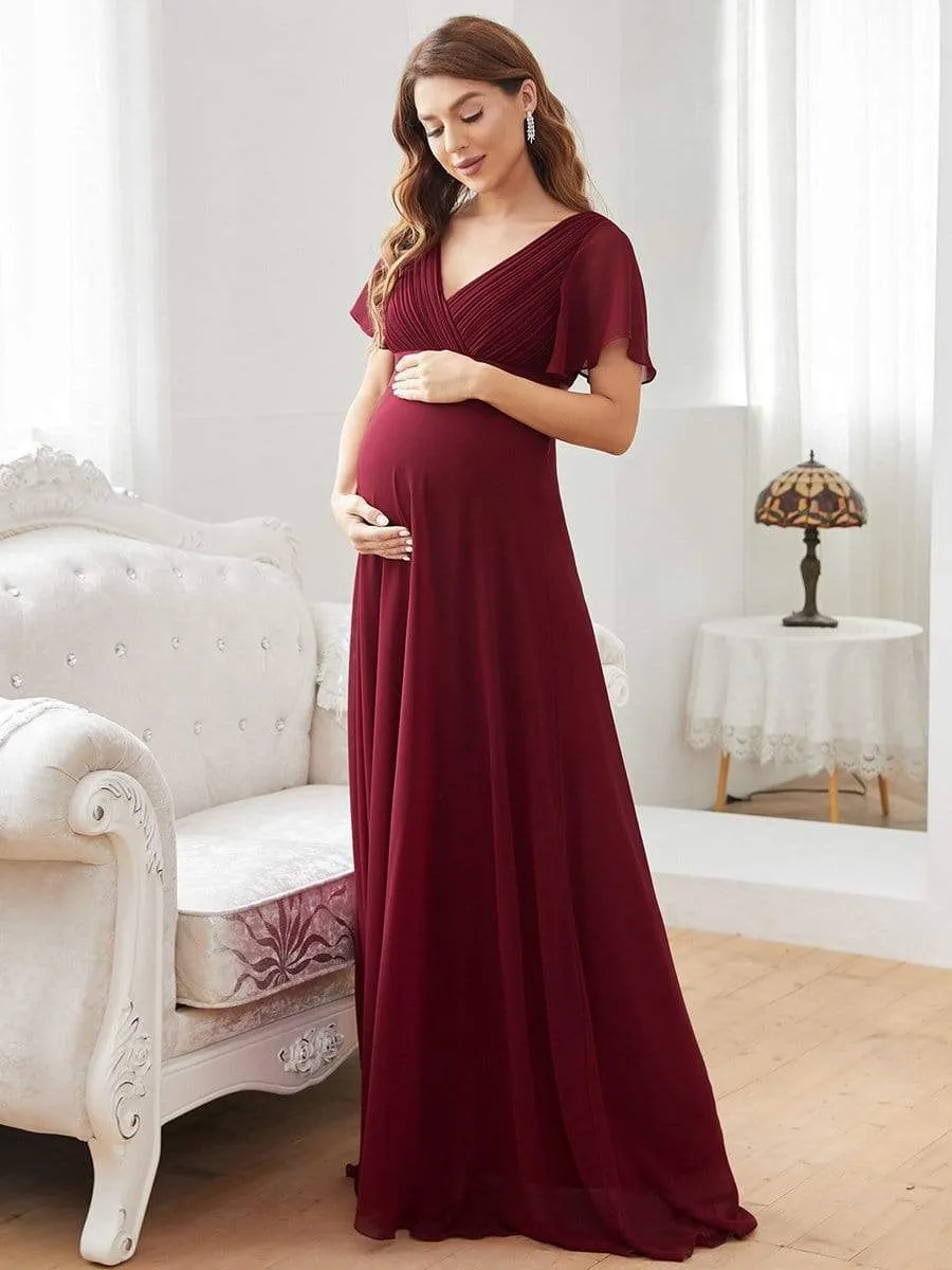 Ruched Bodice Flowy Chiffon Floor-Length Maternity Dress with Sleeves