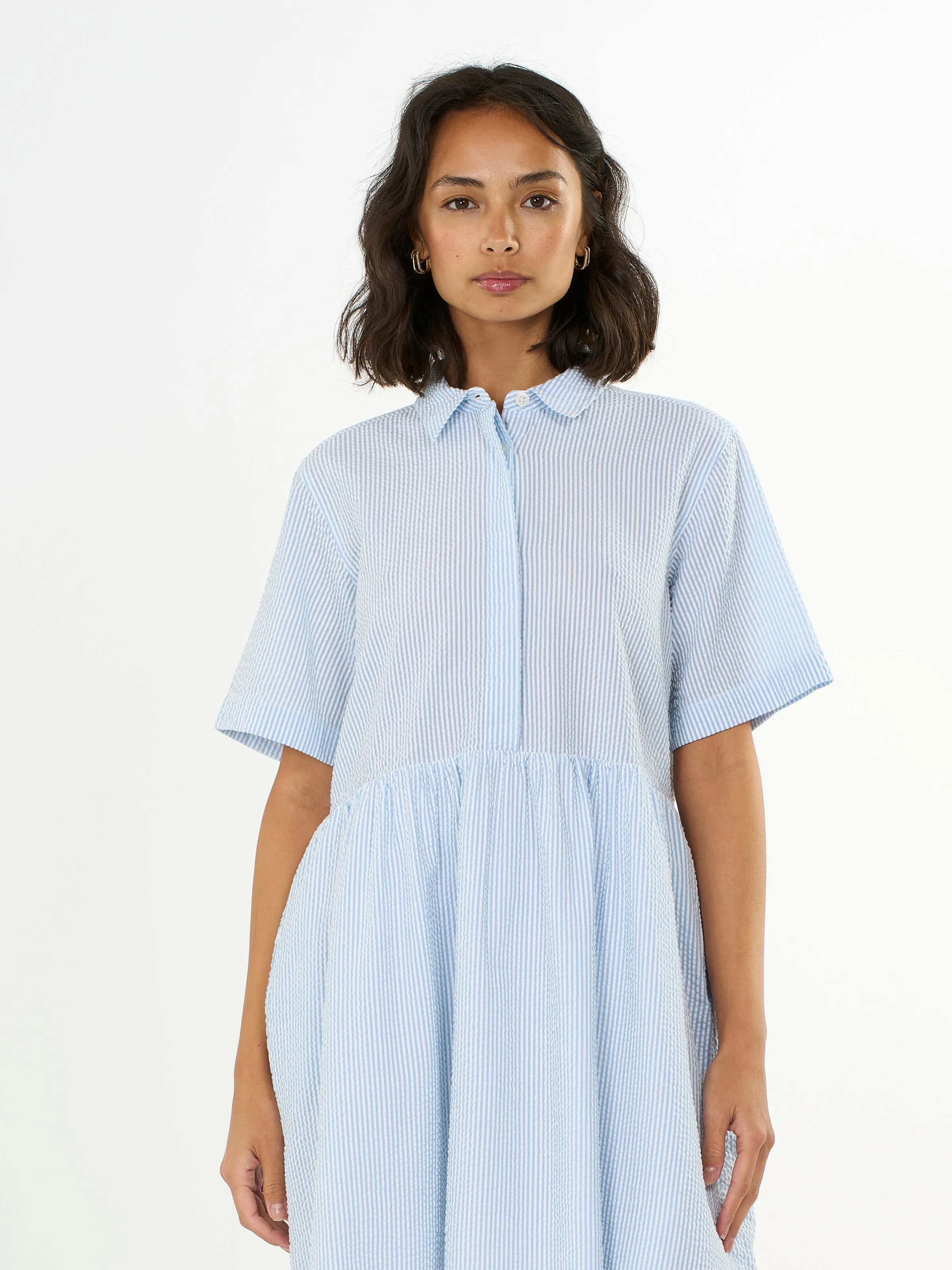 Seersucker Short Short Blue Dress Knowledge Cotton Apparel