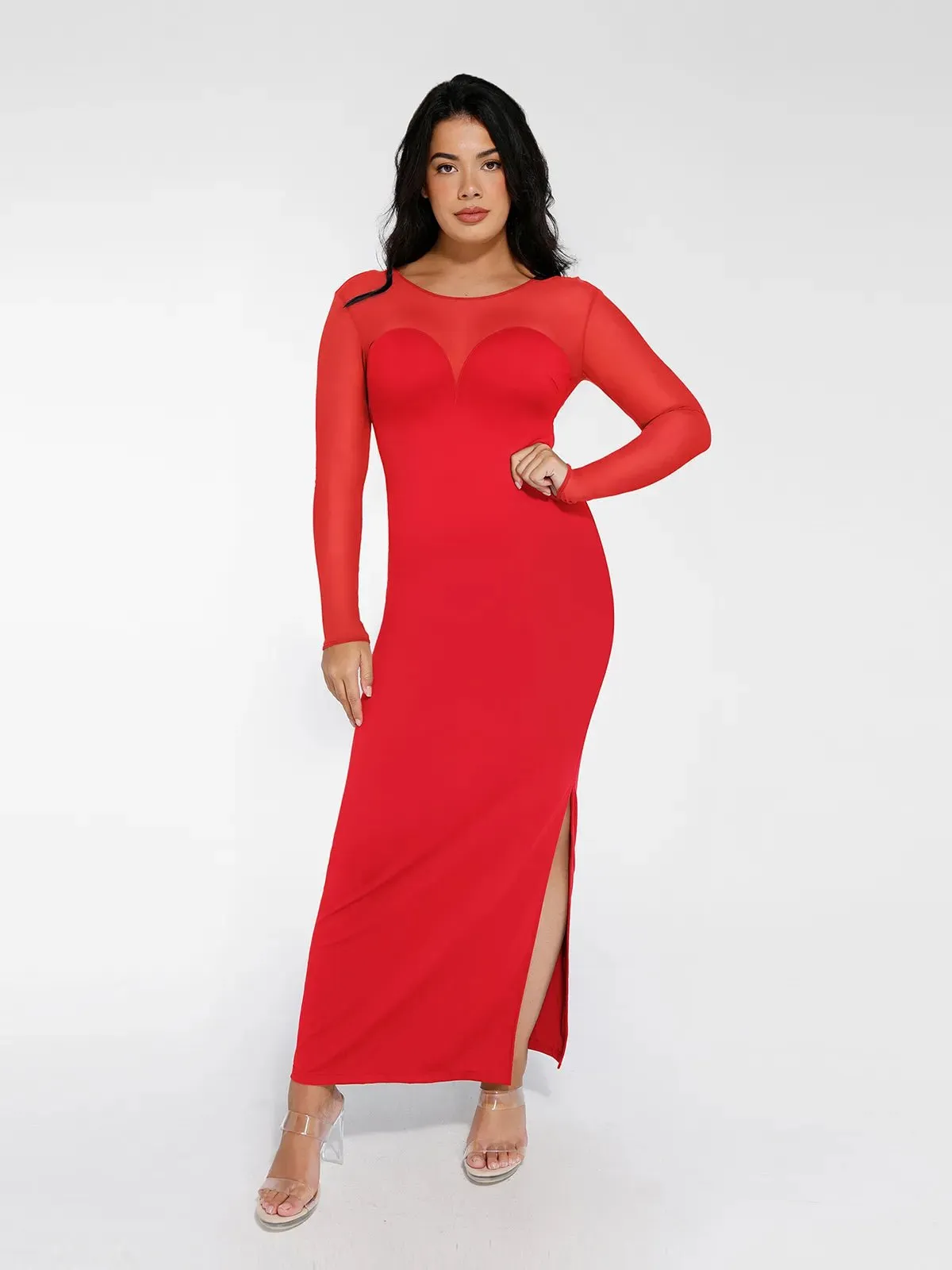 Shapewear Mesh Long Sleeve V-Back Slimming Maxi Dress