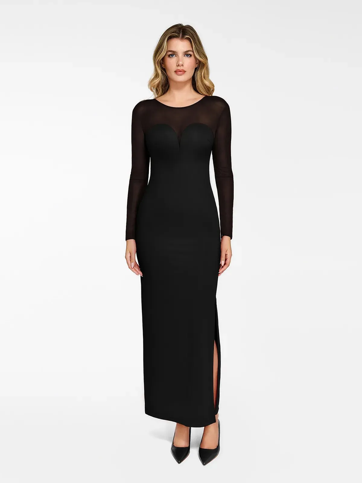 Shapewear Mesh Long Sleeve V-Back Slimming Maxi Dress