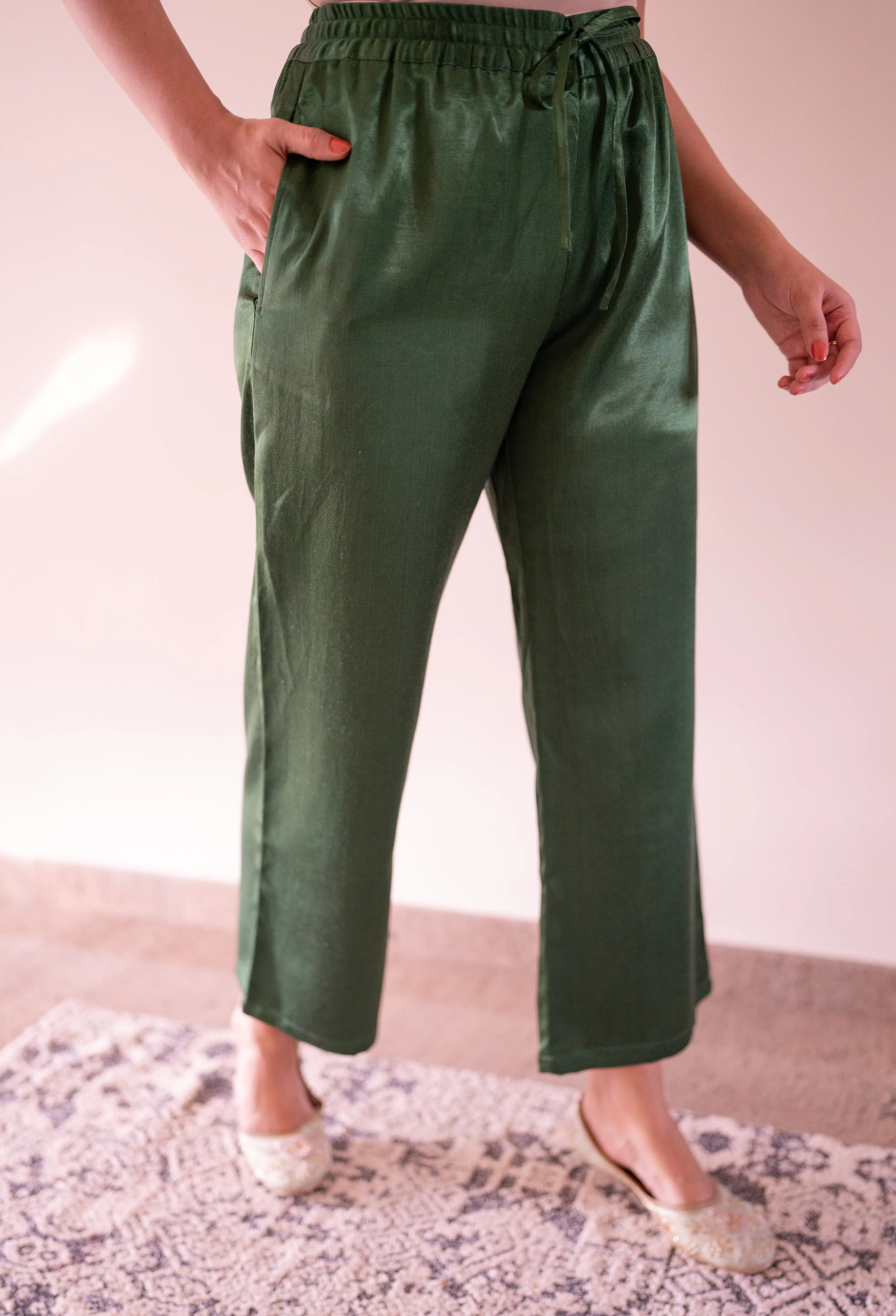 Swara x Tyohaar | Emerald Green Mashru Silk Pants