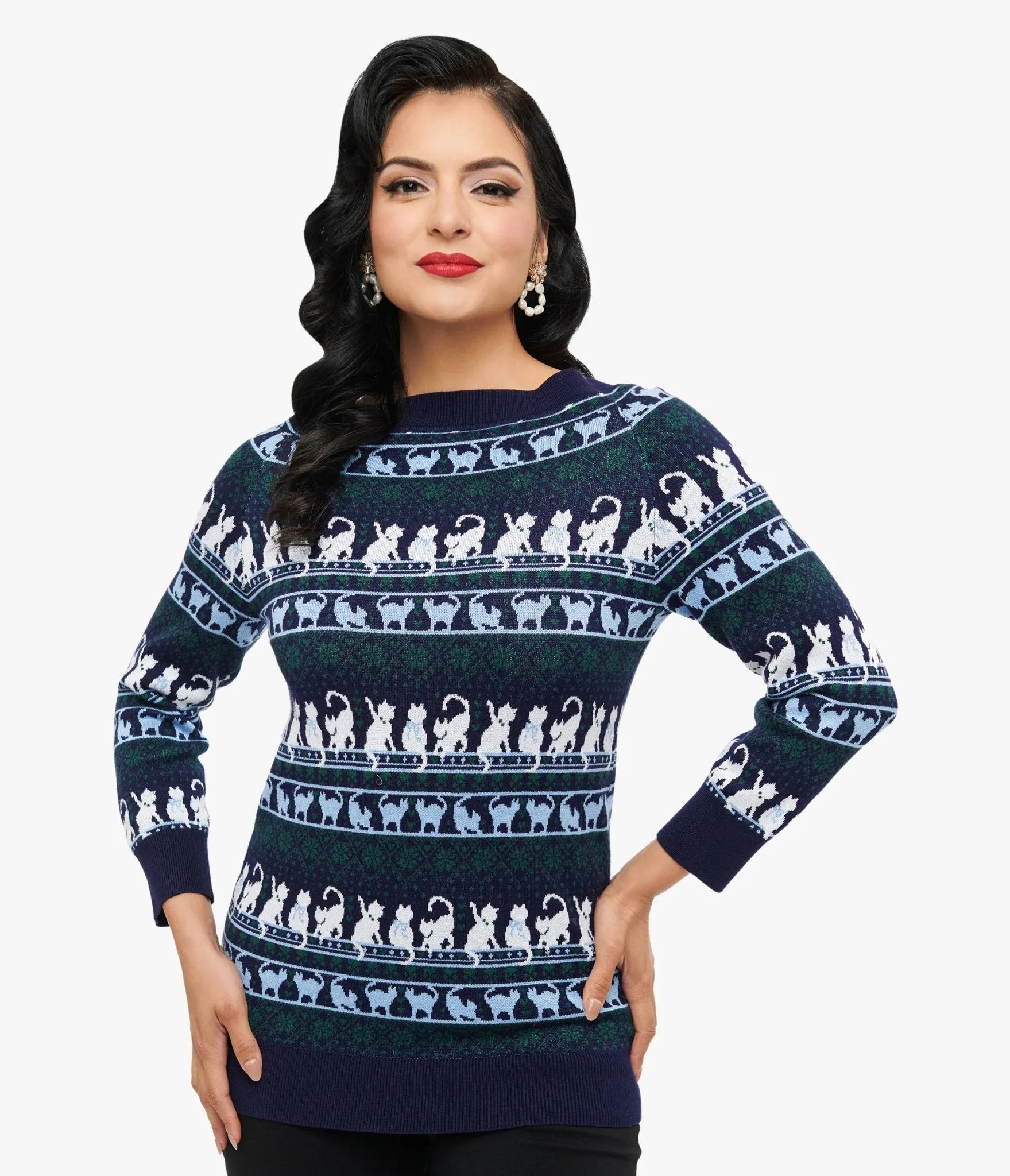 Unique Vintage 1940s Navy & White Cat Pattern Lorelai Sweater