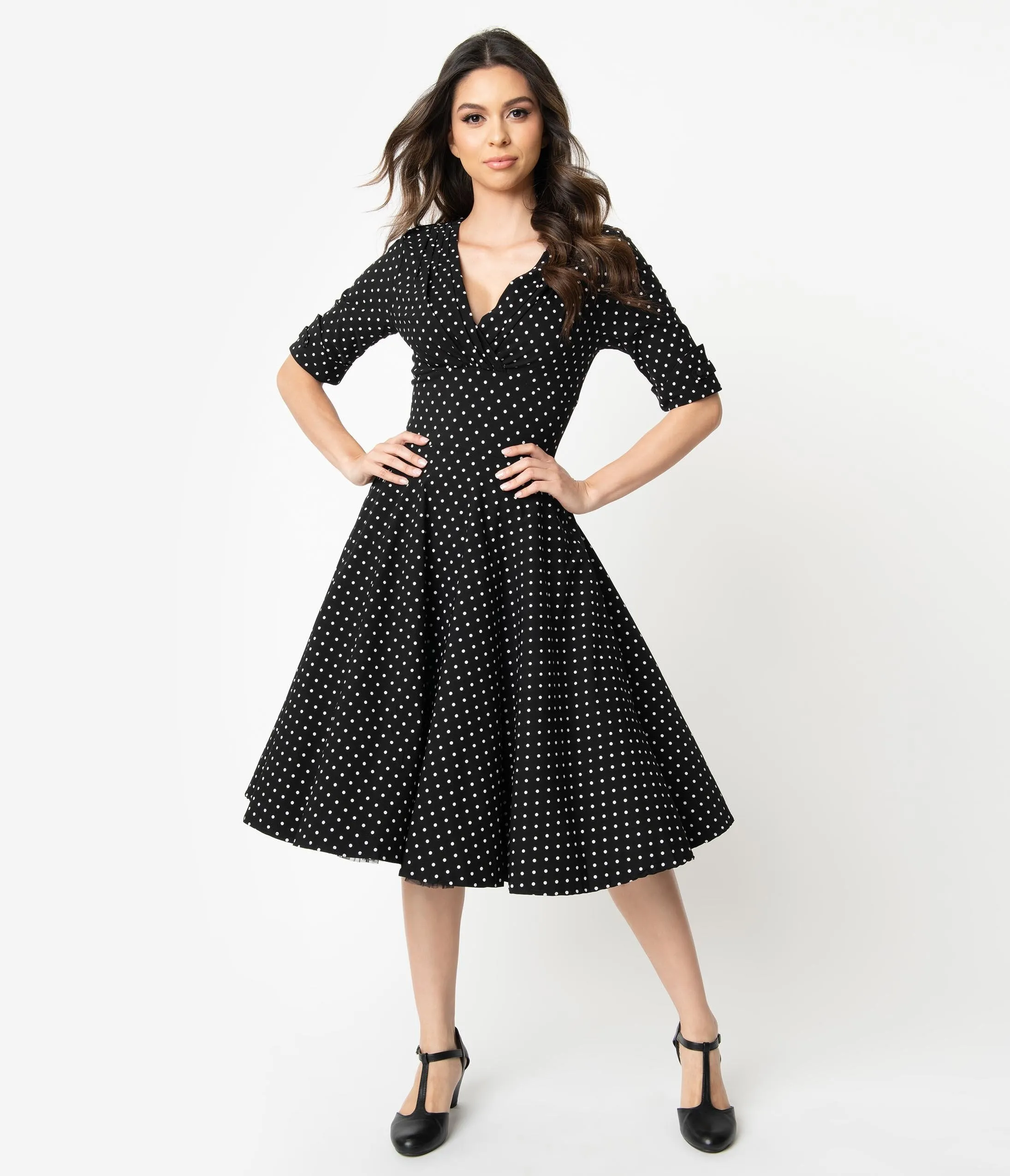 Unique Vintage 1950s Black & White Dot Delores Swing Dress with Sleeves