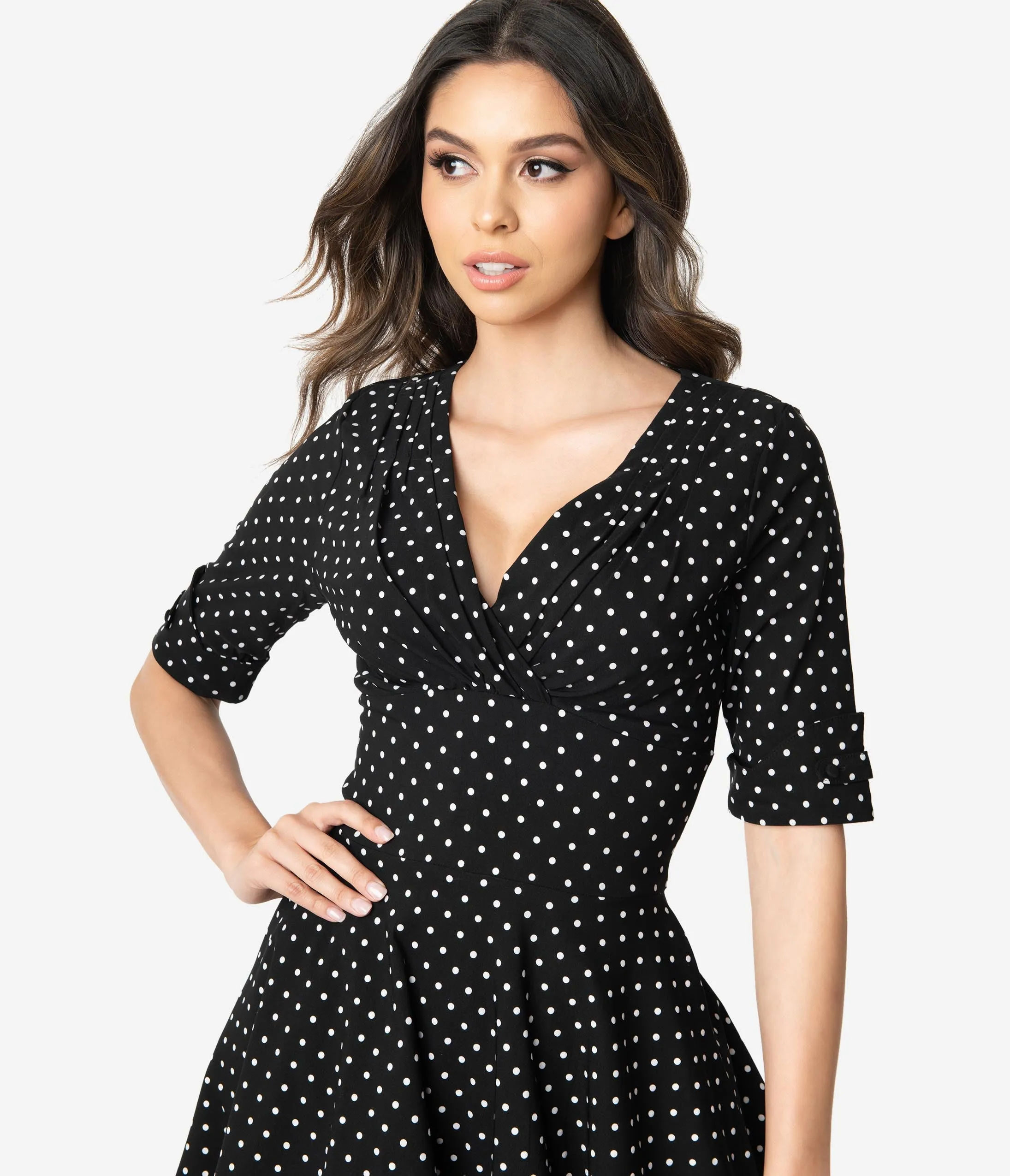 Unique Vintage 1950s Black & White Dot Delores Swing Dress with Sleeves