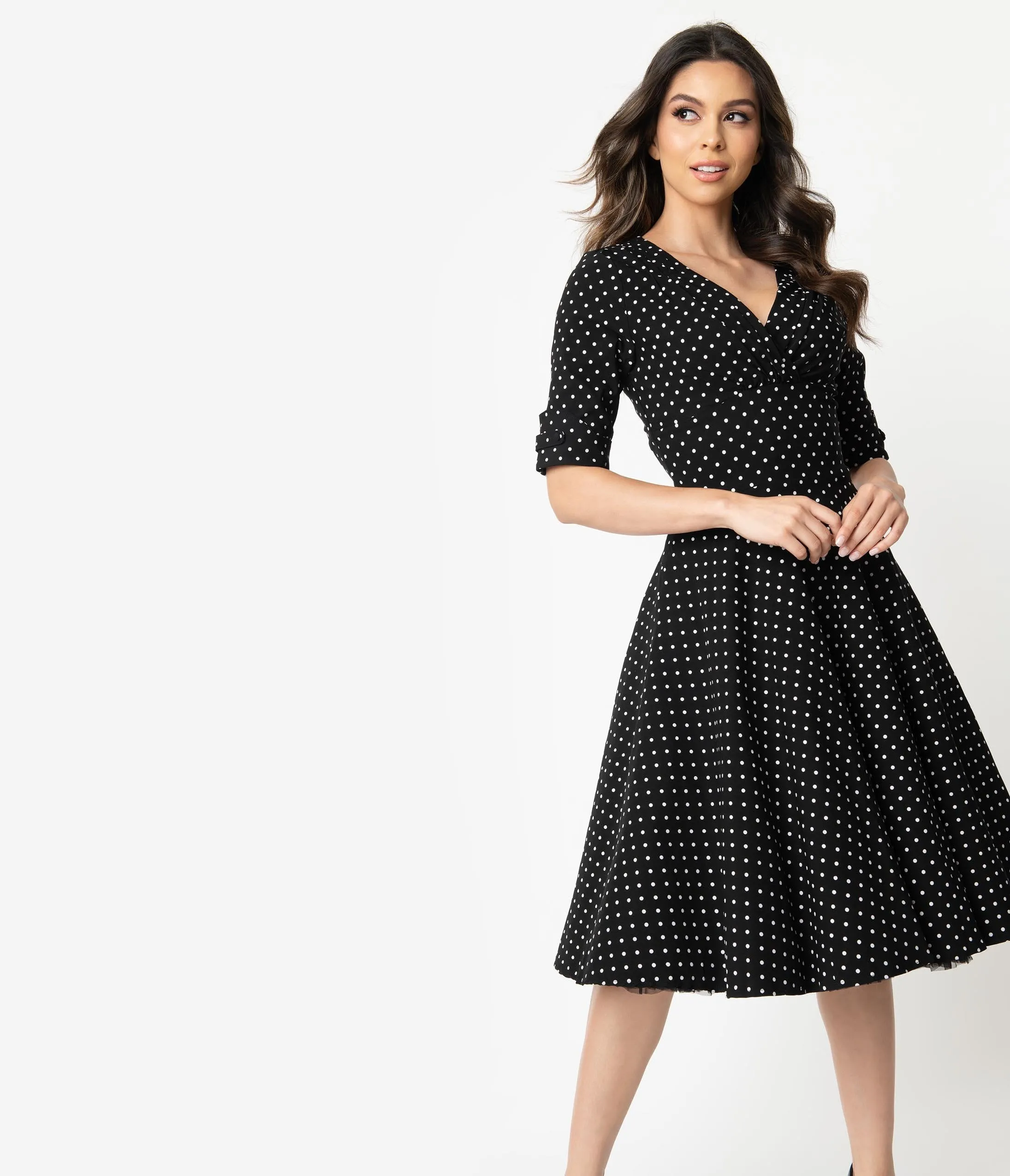 Unique Vintage 1950s Black & White Dot Delores Swing Dress with Sleeves