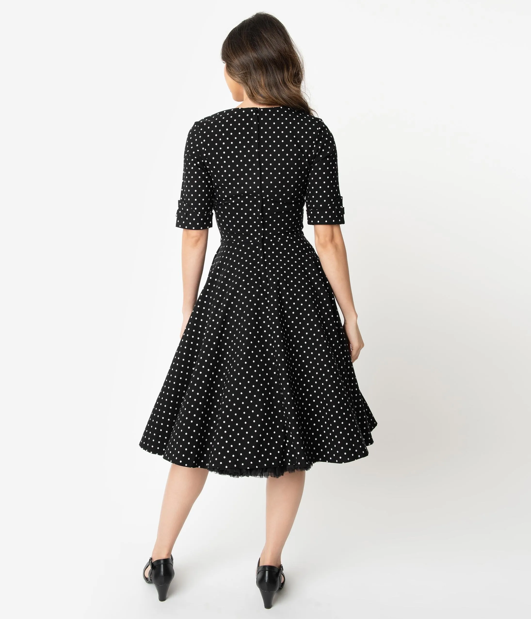 Unique Vintage 1950s Black & White Dot Delores Swing Dress with Sleeves