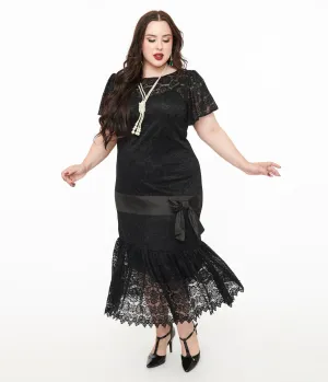 Unique Vintage Plus Size 1920s Black Floral Lace & Bow Flapper Dress