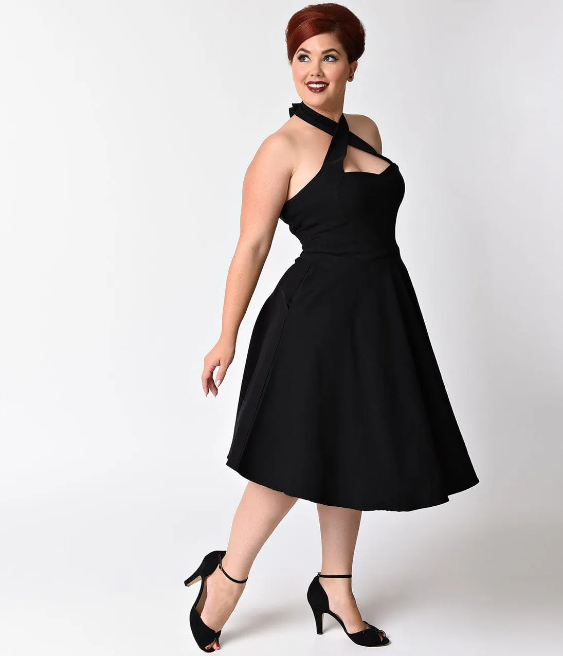 Unique Vintage Plus Size Black Criss Cross Halter Rita Flare Dress