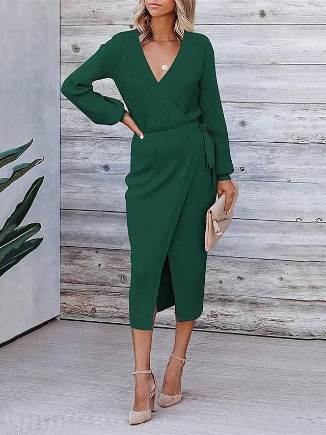 V Neck Long Sleeve Wrap Midi Knit Sweater Dress