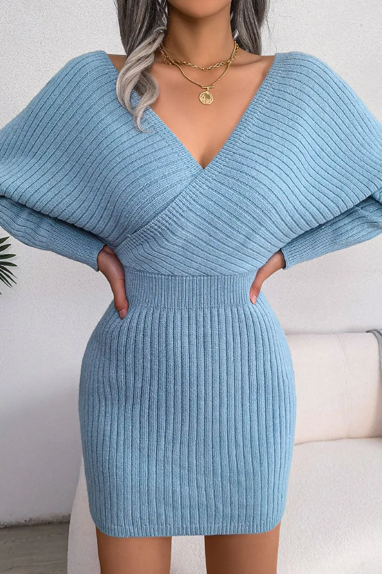 Winter Wrap V Neck Rib Knit Sweater Mini Dress - Blue