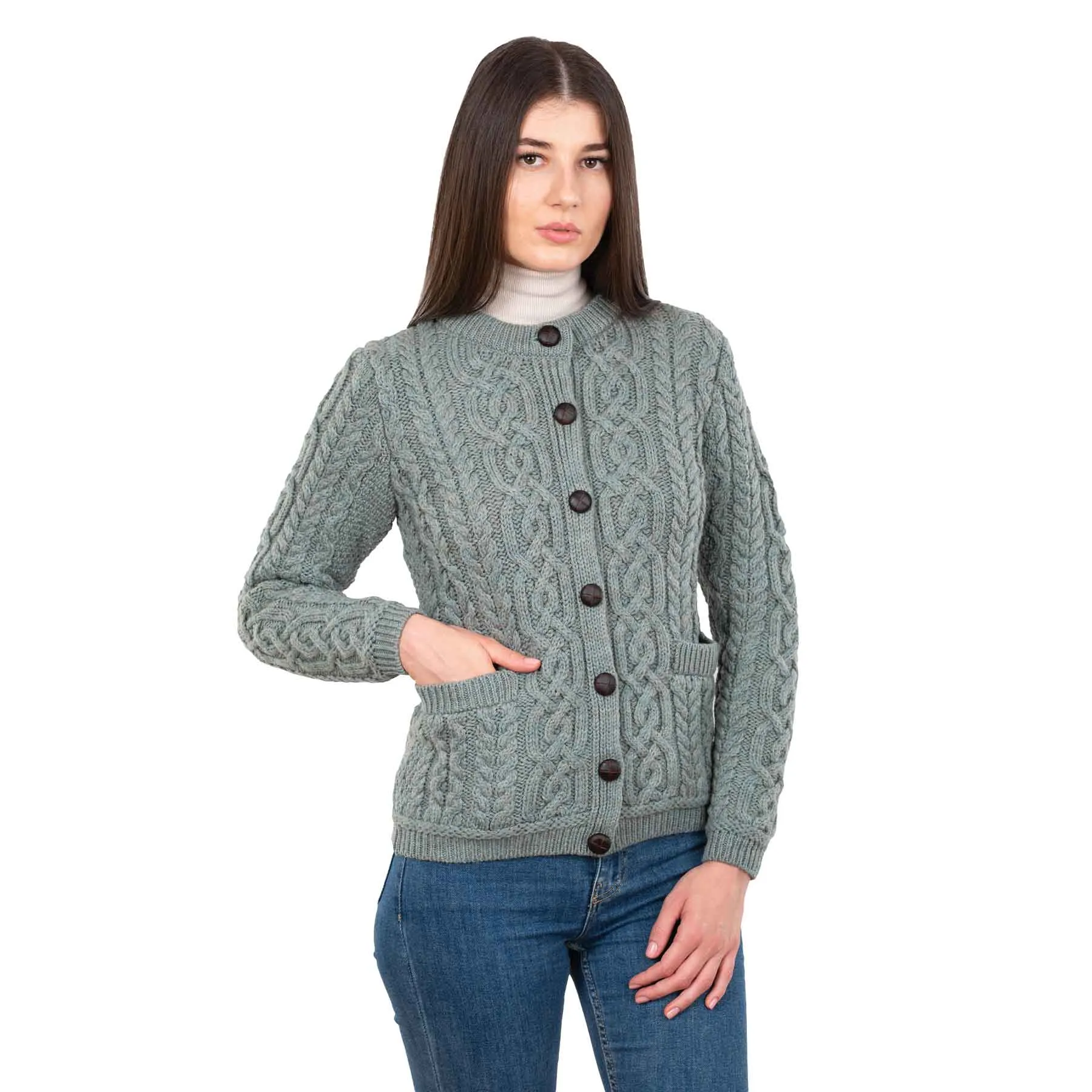 Women's Aran Knit Button Cardigan, Skylight