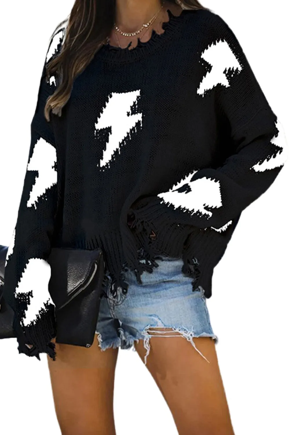 Women's Bell Sleeves Lightning Print Distressed Sweater