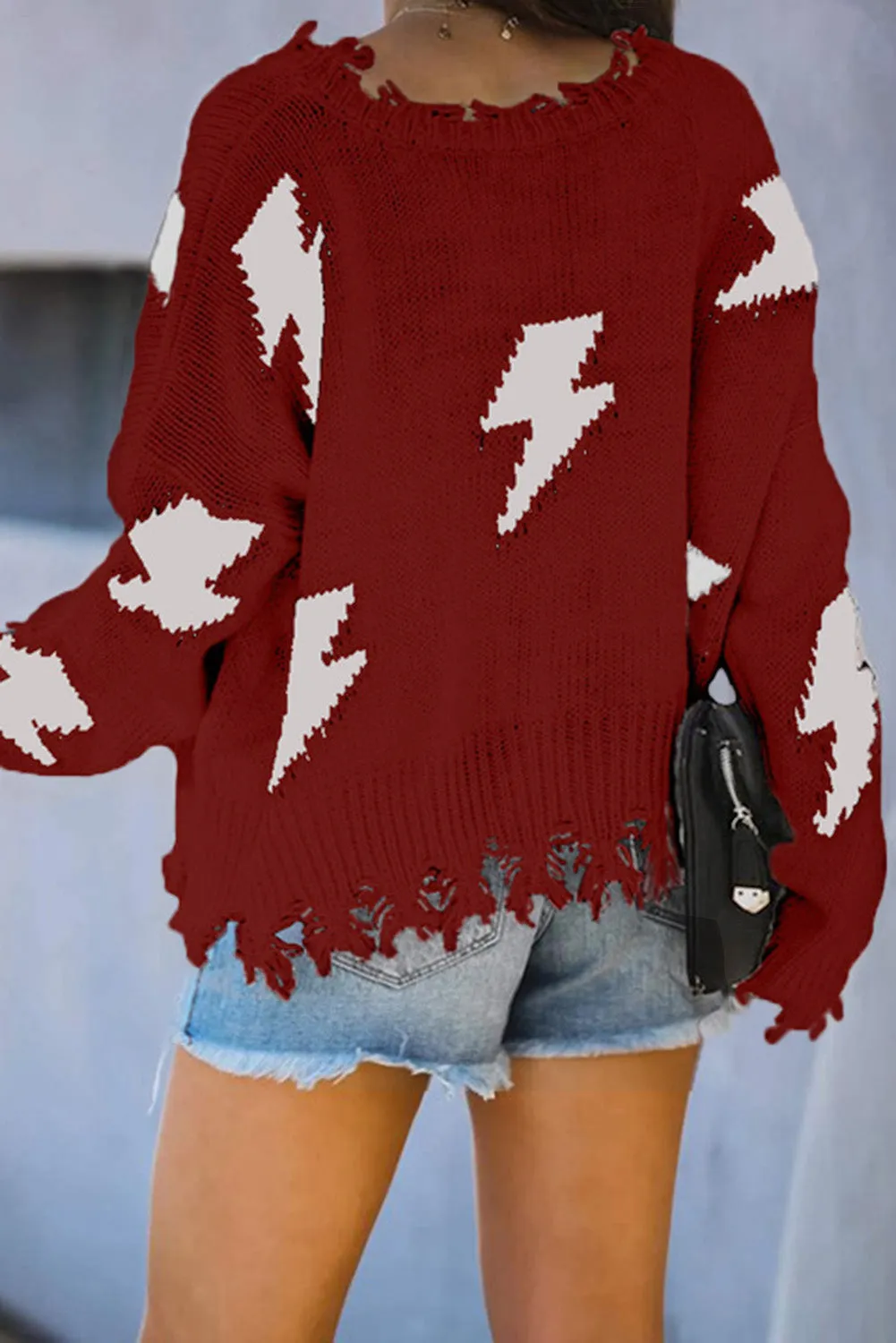 Women's Bell Sleeves Lightning Print Distressed Sweater