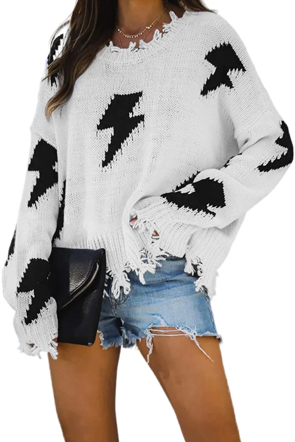 Women's Bell Sleeves Lightning Print Distressed Sweater