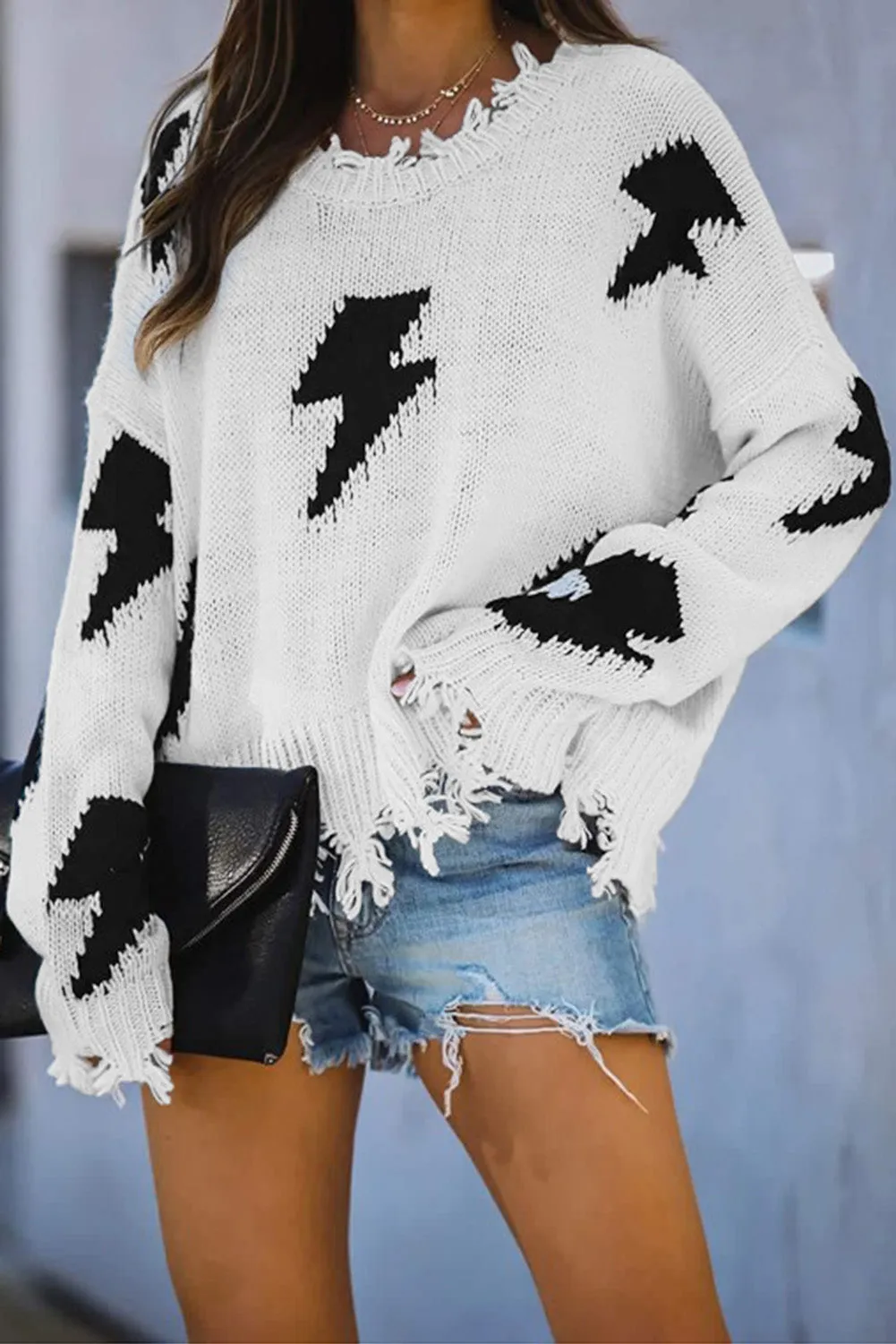 Women's Bell Sleeves Lightning Print Distressed Sweater