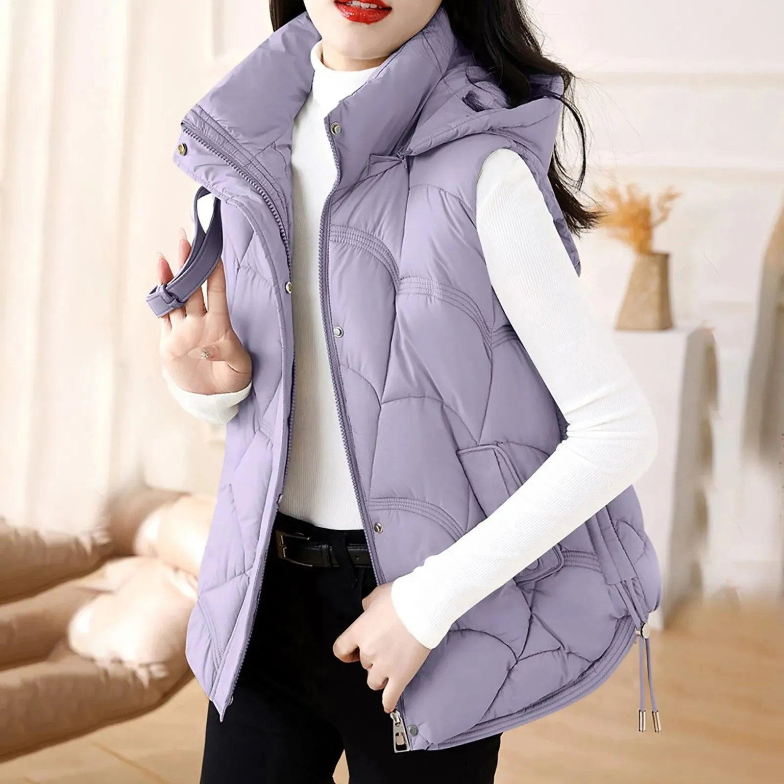 Women'S Hooded Zipper Cotton Vest Winter Sleeveless Warm Quilted Vests Korean Fashion Outdoor Windbreak Ski Coat Vestidos