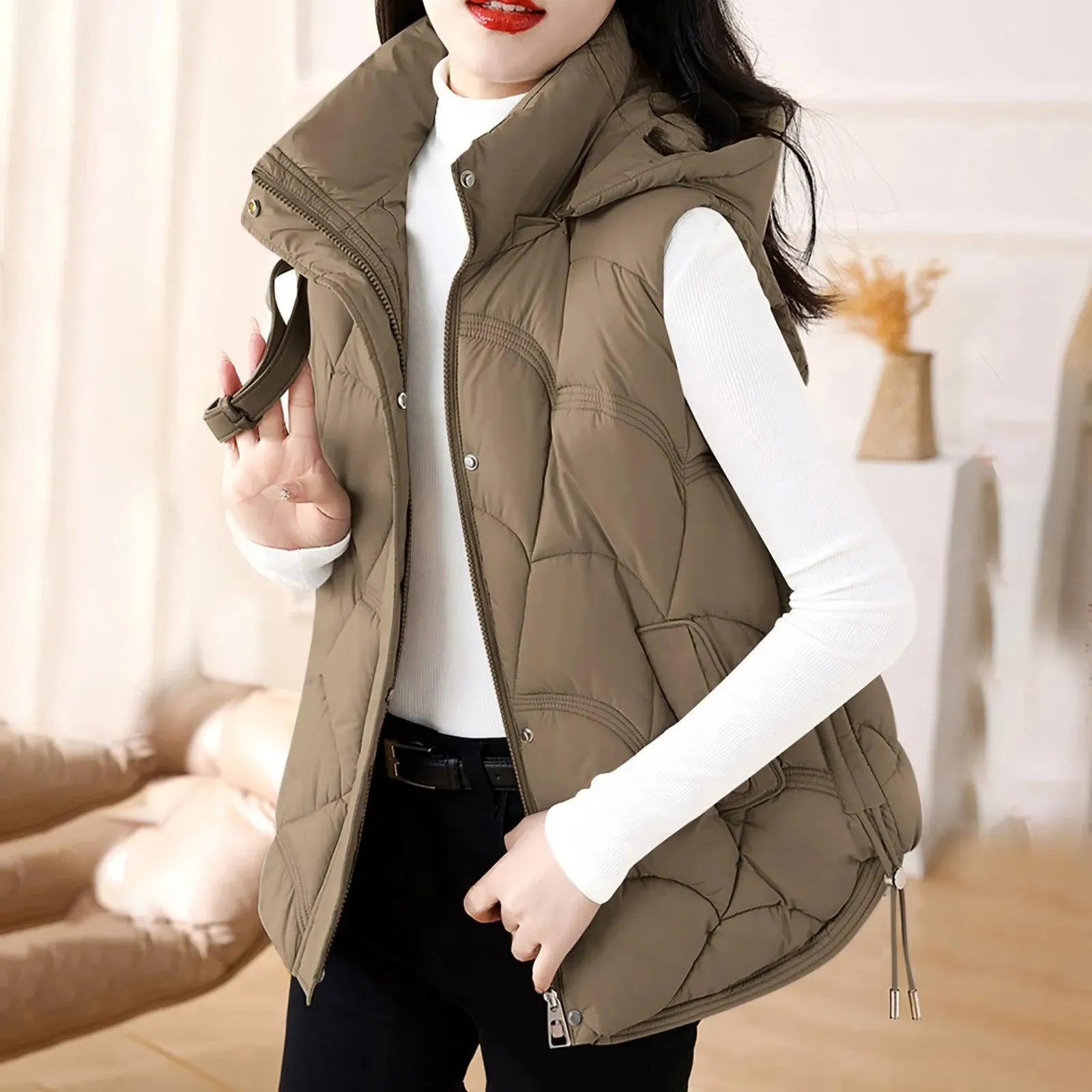 Women'S Hooded Zipper Cotton Vest Winter Sleeveless Warm Quilted Vests Korean Fashion Outdoor Windbreak Ski Coat Vestidos