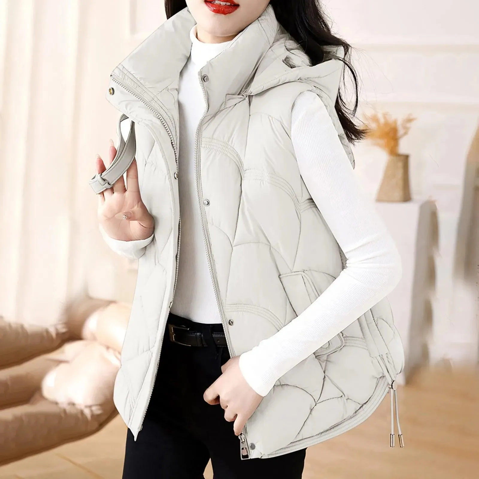 Women'S Hooded Zipper Cotton Vest Winter Sleeveless Warm Quilted Vests Korean Fashion Outdoor Windbreak Ski Coat Vestidos