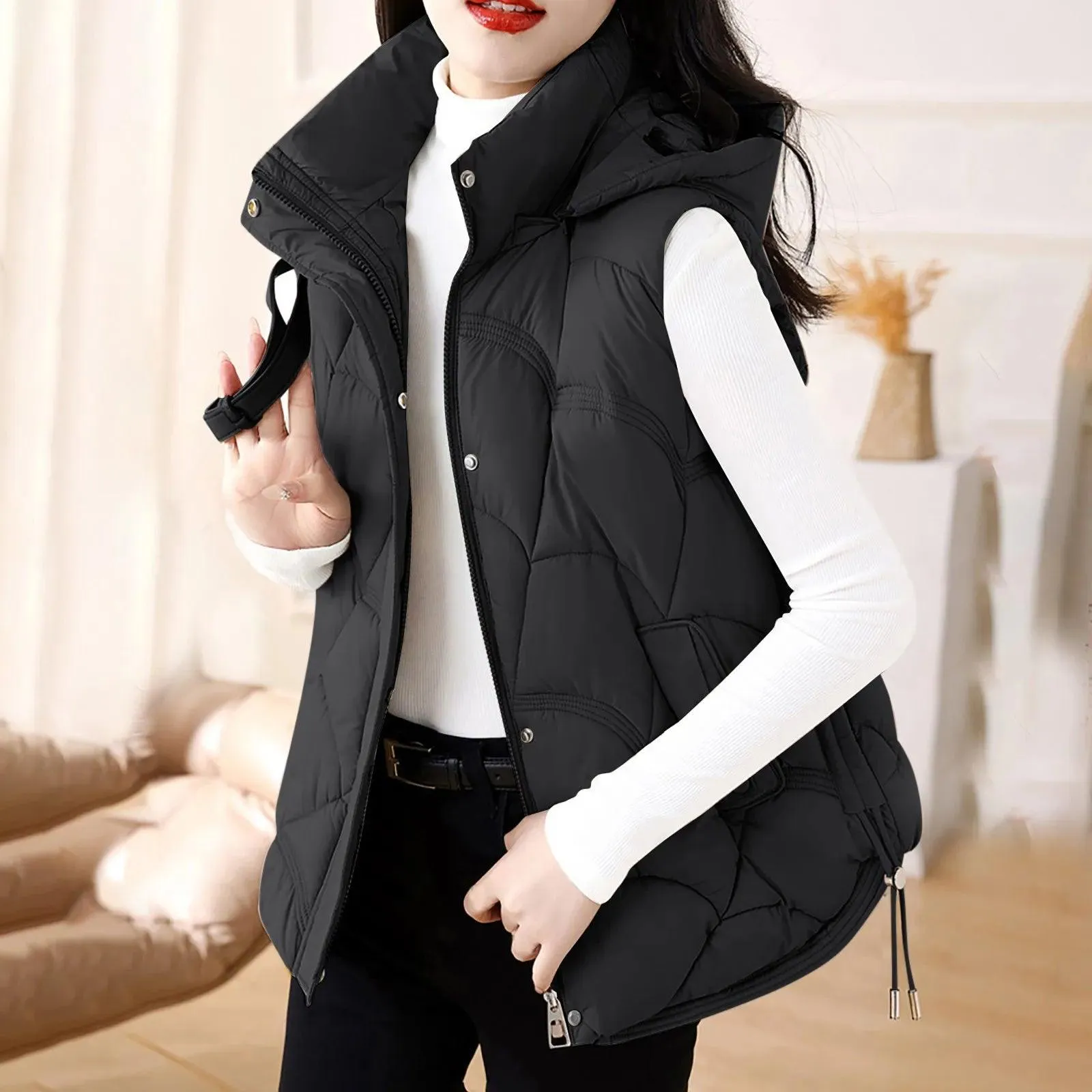 Women'S Hooded Zipper Cotton Vest Winter Sleeveless Warm Quilted Vests Korean Fashion Outdoor Windbreak Ski Coat Vestidos