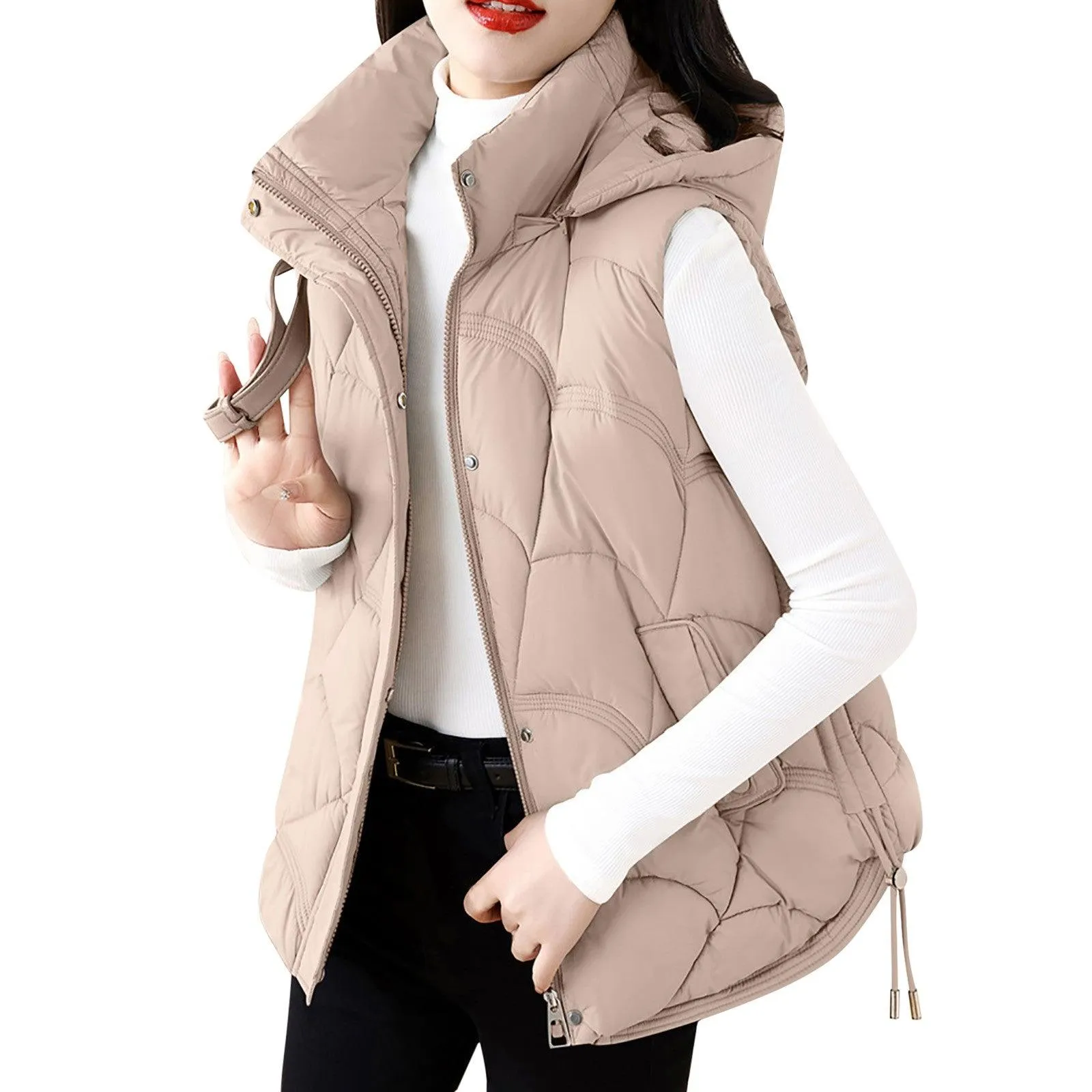 Women'S Hooded Zipper Cotton Vest Winter Sleeveless Warm Quilted Vests Korean Fashion Outdoor Windbreak Ski Coat Vestidos