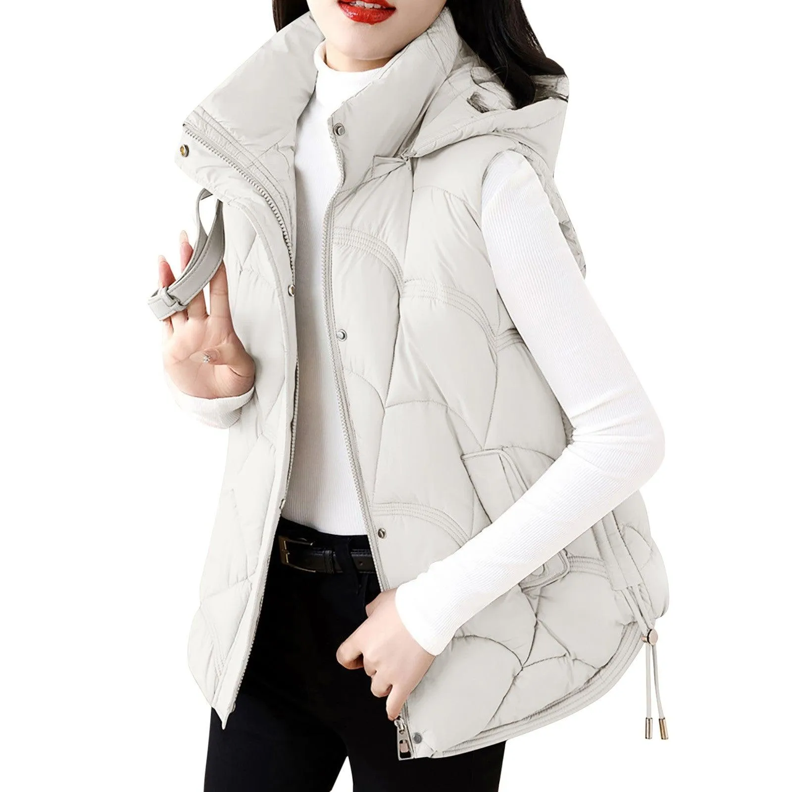 Women'S Hooded Zipper Cotton Vest Winter Sleeveless Warm Quilted Vests Korean Fashion Outdoor Windbreak Ski Coat Vestidos