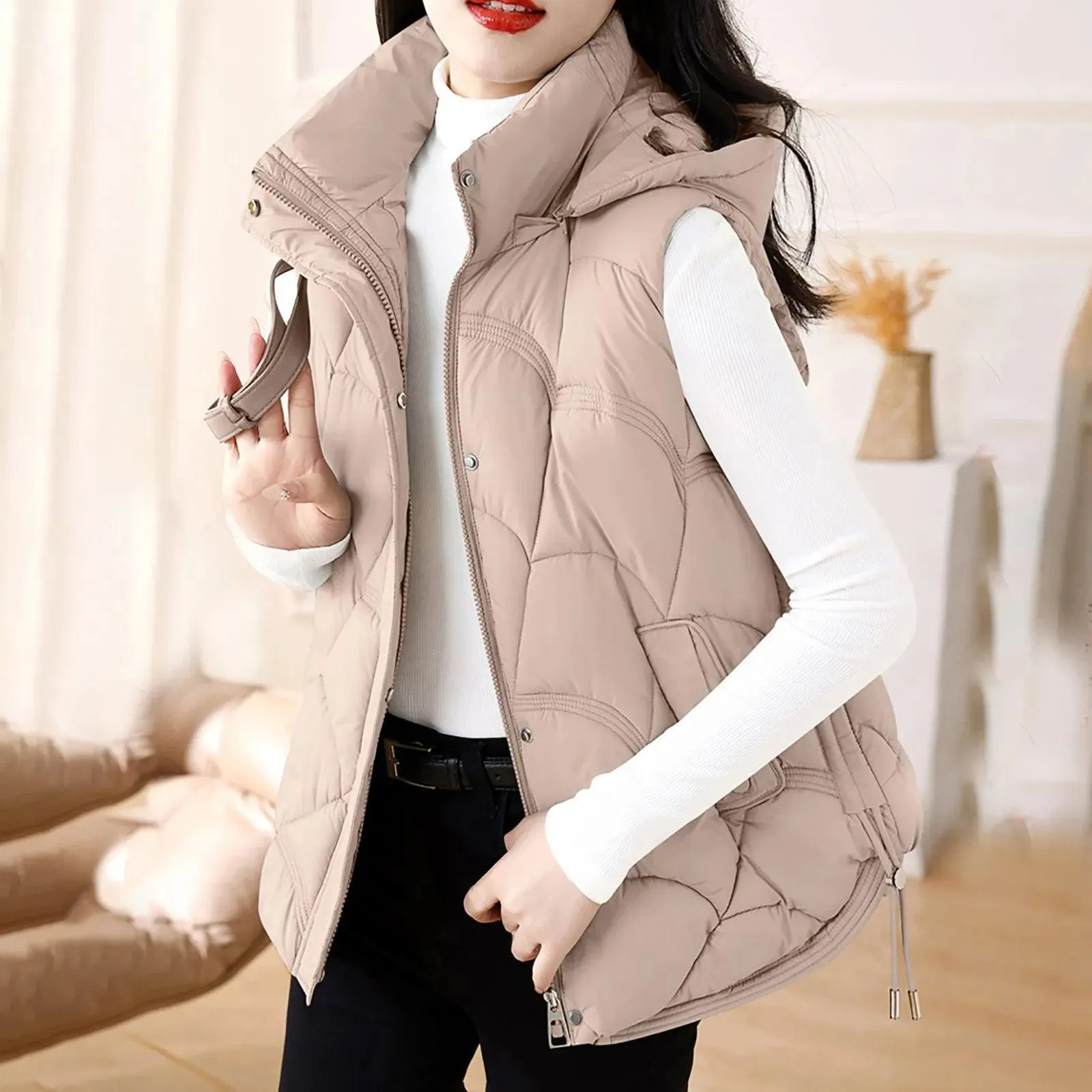 Women'S Hooded Zipper Cotton Vest Winter Sleeveless Warm Quilted Vests Korean Fashion Outdoor Windbreak Ski Coat Vestidos