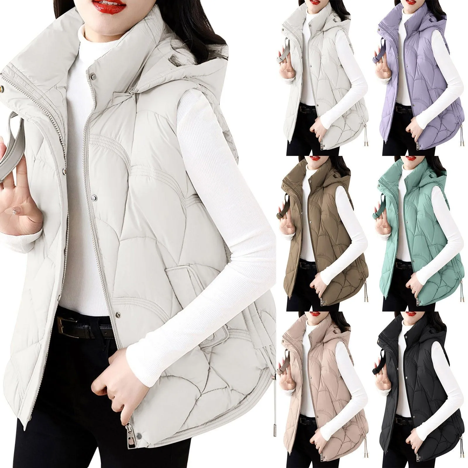 Women'S Hooded Zipper Cotton Vest Winter Sleeveless Warm Quilted Vests Korean Fashion Outdoor Windbreak Ski Coat Vestidos