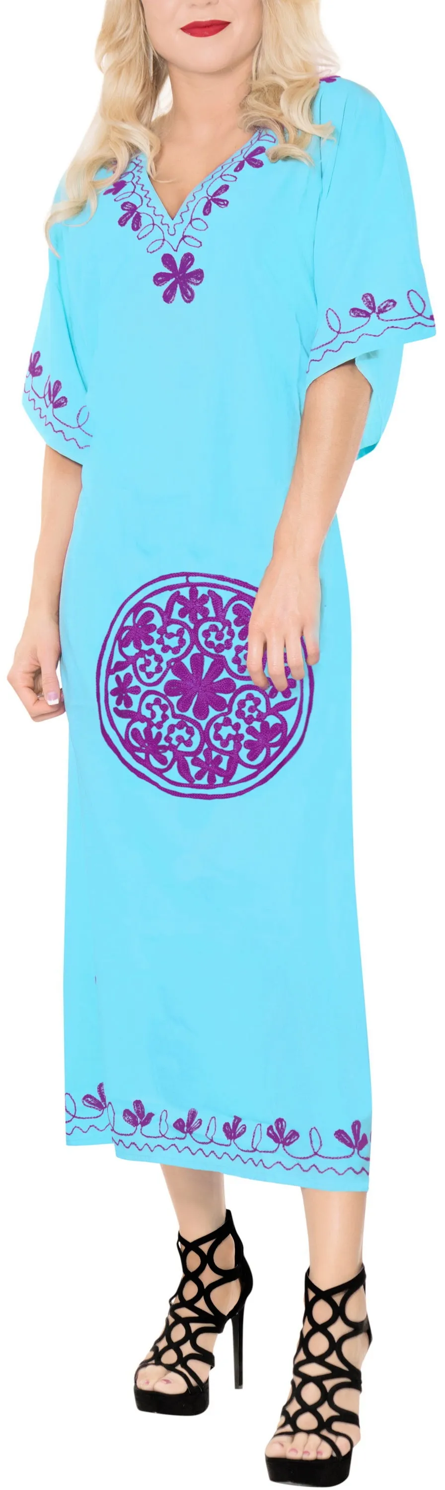 Women's Long Beach Designer Rayon Swimwear Swimsuit Cover up Caftan Turquoise Blue Violet Embroidery TOP 136730