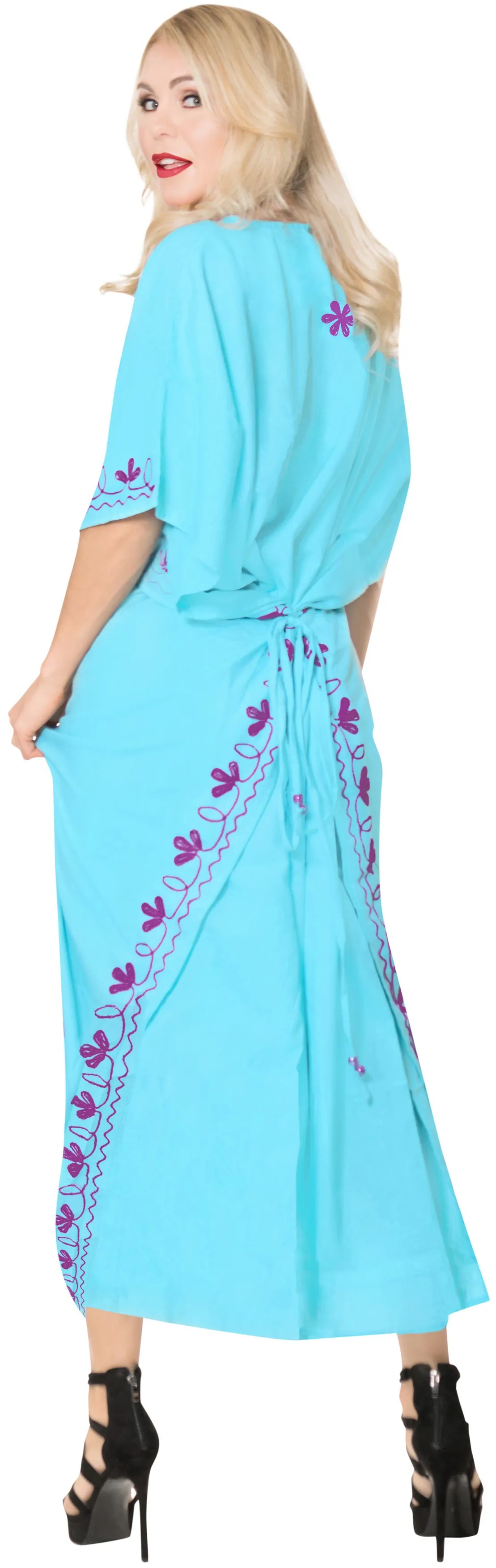 Women's Long Beach Designer Rayon Swimwear Swimsuit Cover up Caftan Turquoise Blue Violet Embroidery TOP 136730