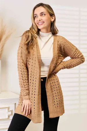 Woven Right Openwork Horizontal Ribbing Open Front Cardigan