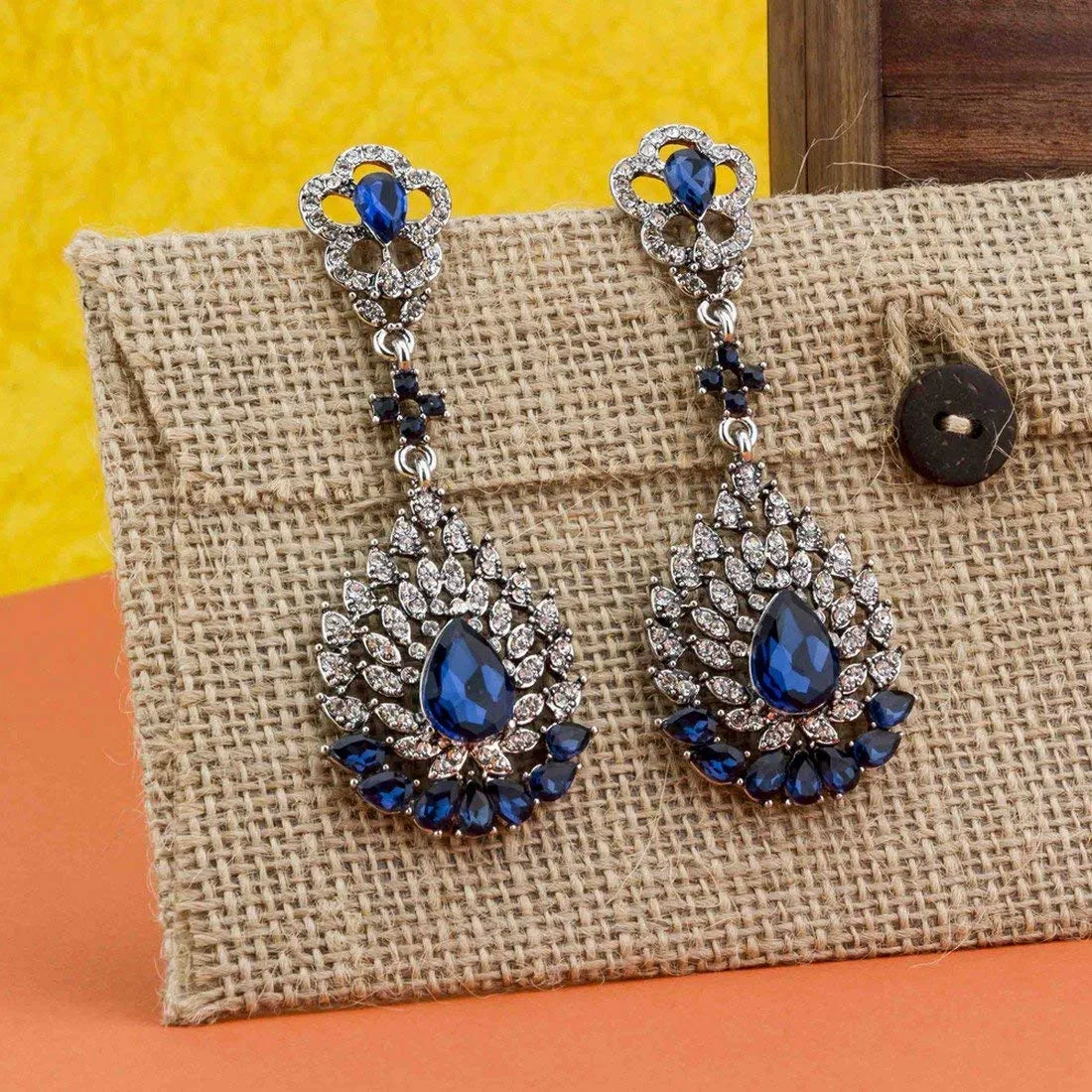 Yellow Chimes Blue Silver Plated Base Metal Crystal Elements Fresh-Arrival Stunning Floral Design Drop Earrings For Women